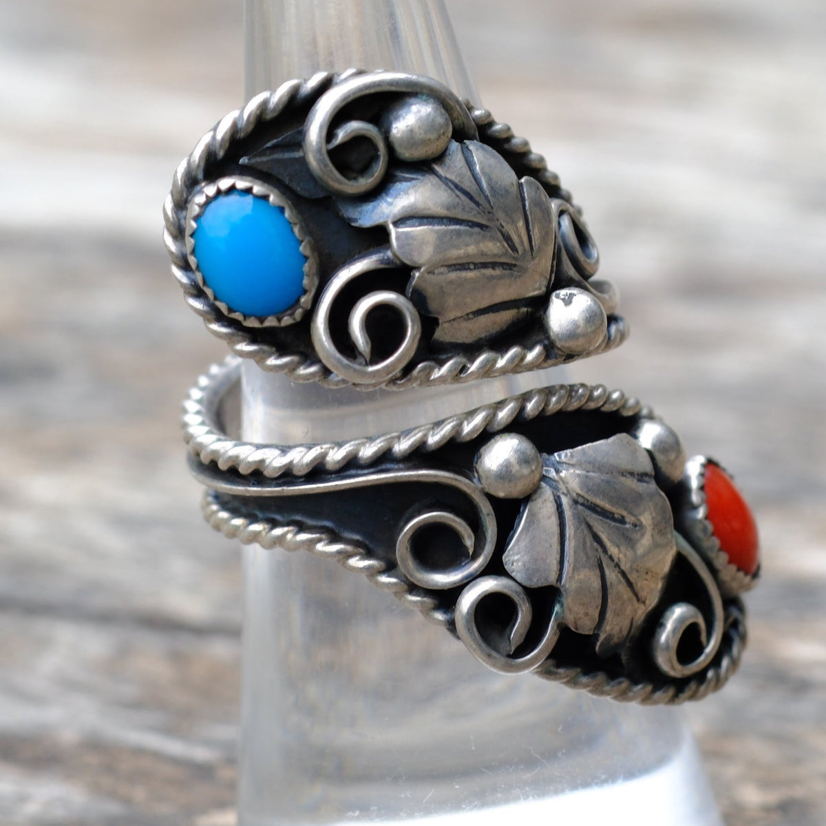 Vintage Sterling Turquoise and Coral Overpass Ring 6.5