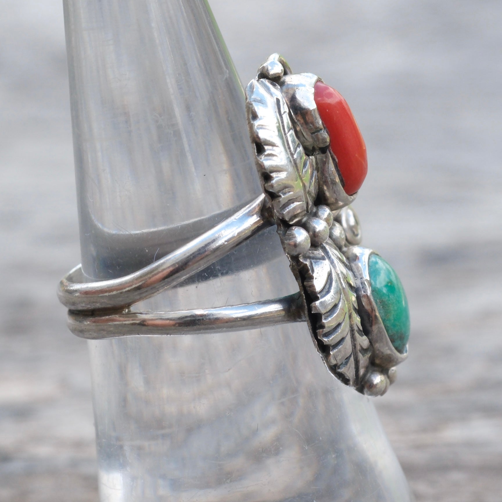 Vintage Sterling Turquoise and Coral Feather Ring 6.5