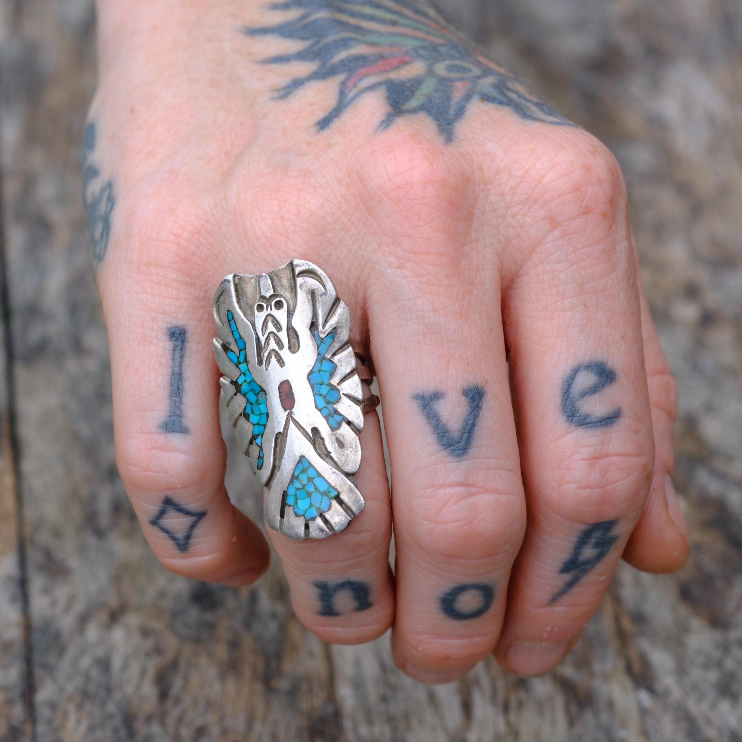 Vintage Sterling Turquoise and Coral Peyote Bird Ring 4.75