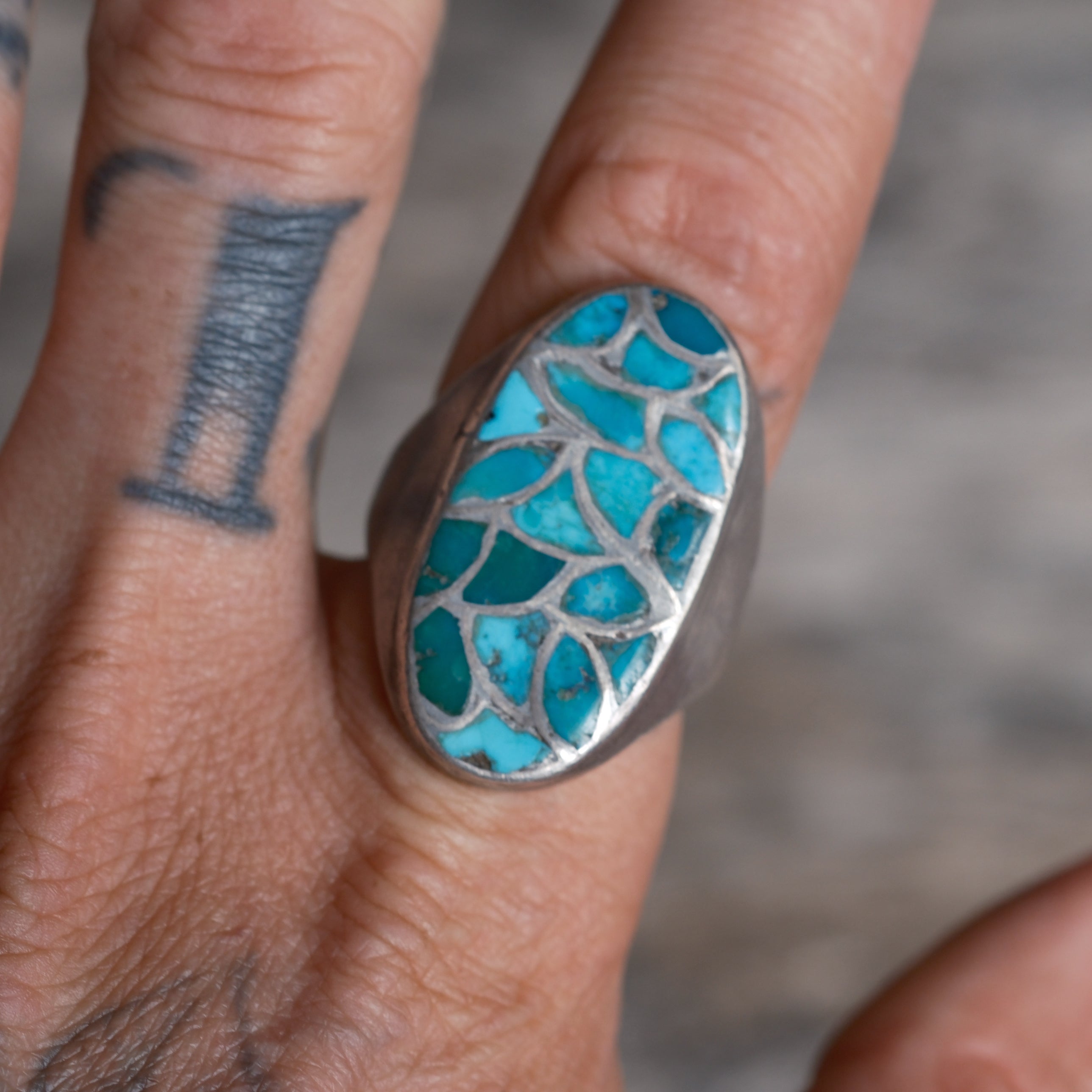 Vintage Sterling Turquoise Inlay Fish Scale Ring 10.5