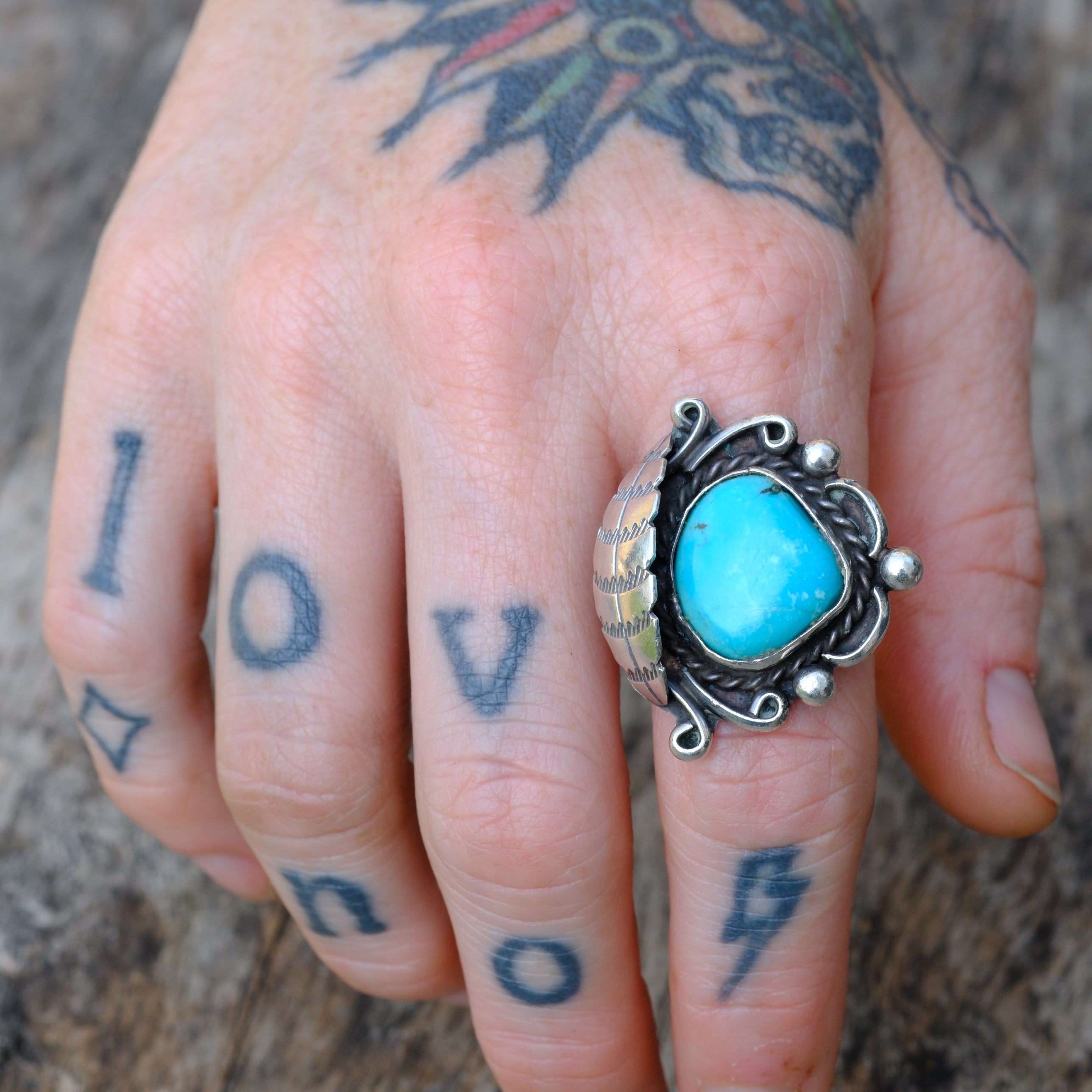 Vintage Sterling Turquoise Feather Ring 6.25