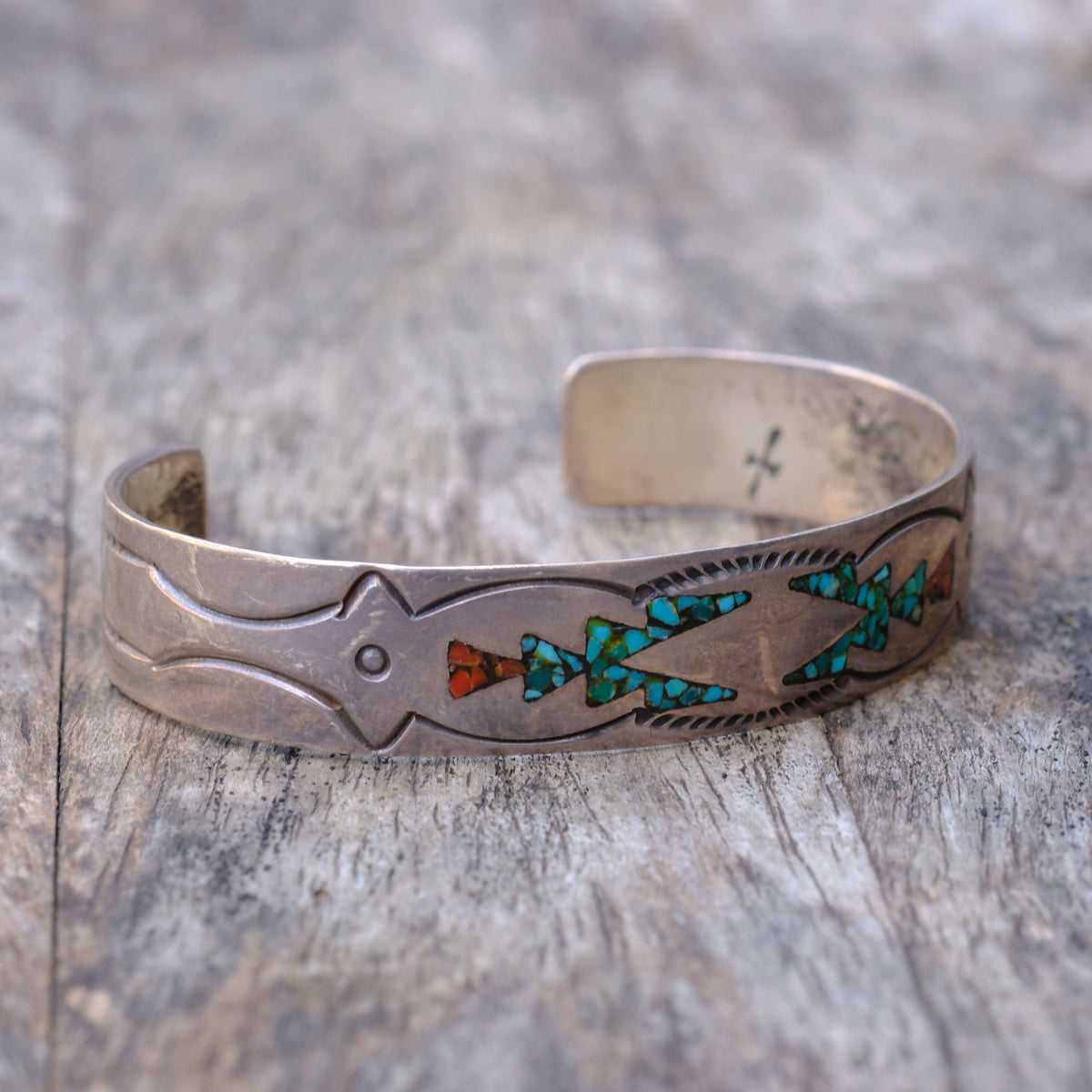 Vintage Sterling Turquoise and Coral Inlay Cuff Bracelet