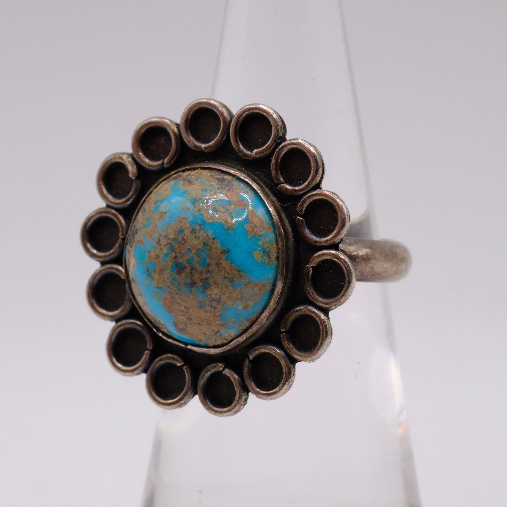 Vintage Sterling Turquoise Florette Ring 4.75