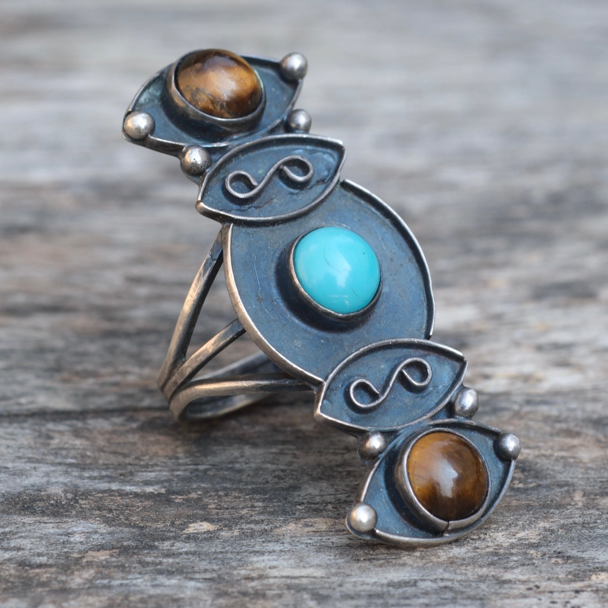 Huge Vintage Sterling Turquoise and Tigers Eye Ring 7.5