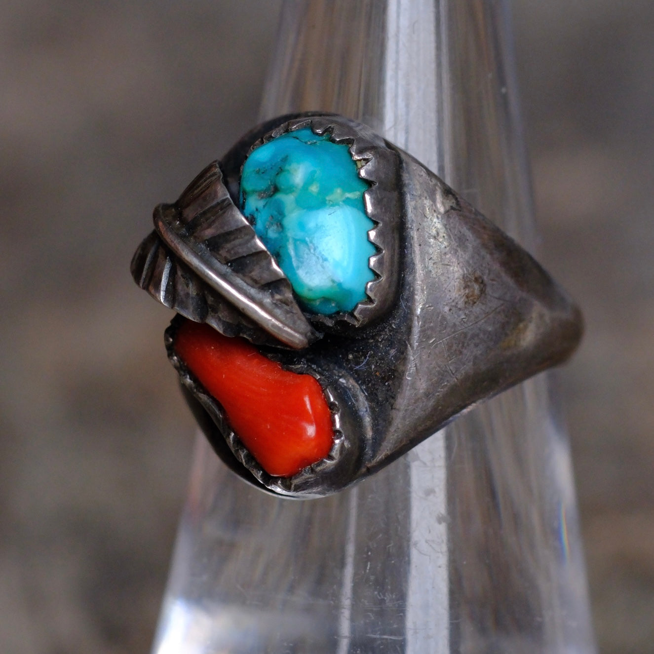 Vintage Sterling Turquoise and Coral Feather Ring 6