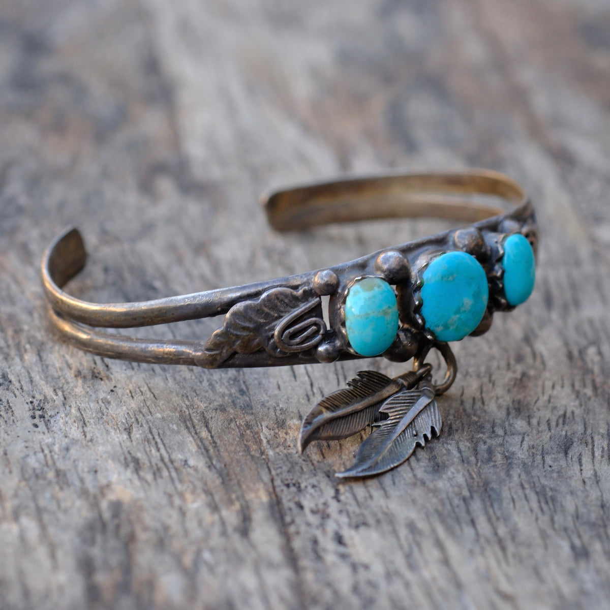 Vintage Sterling Turquoise Feather Cuff Bracelet