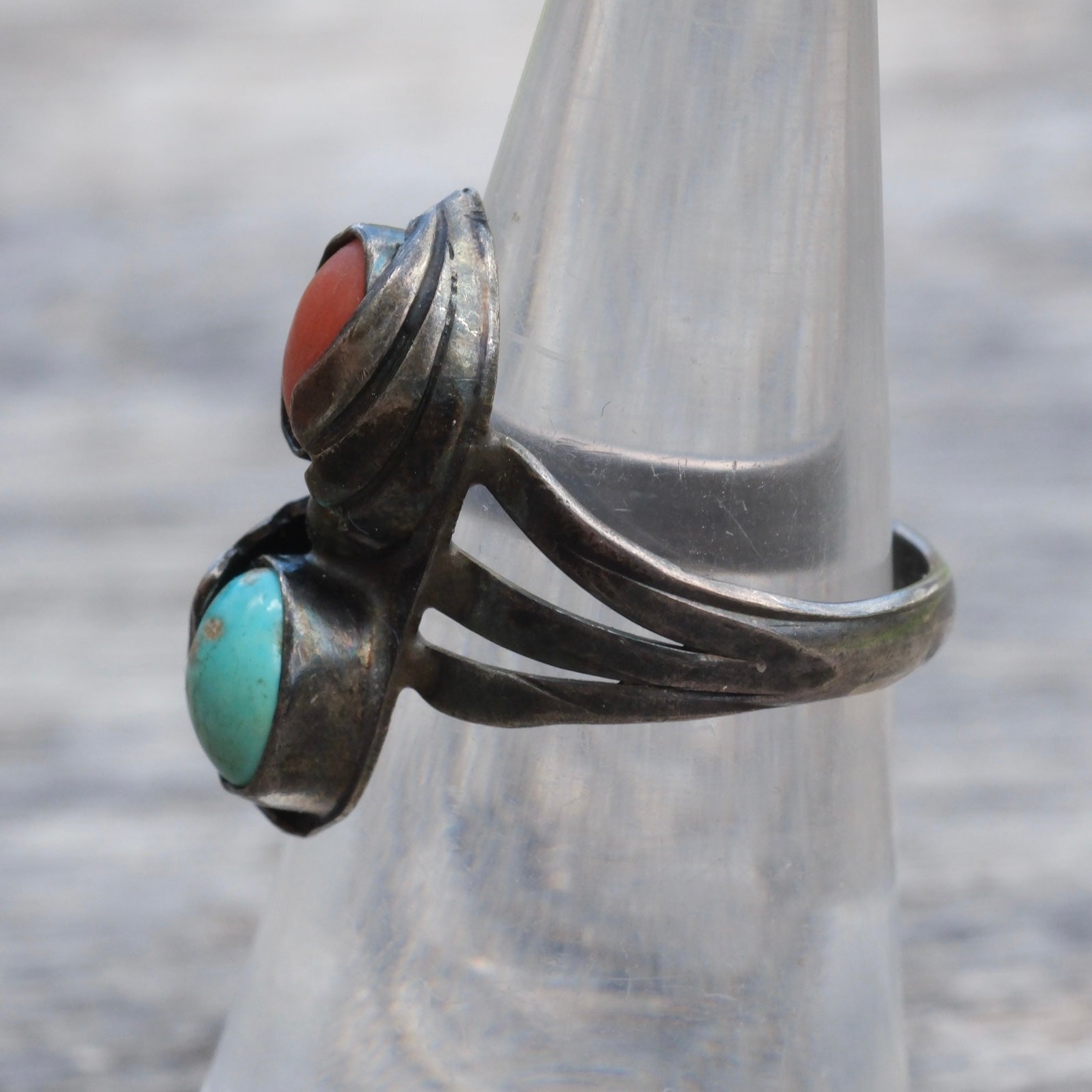 Vintage Sterling Turquoise and Coral Feather Ring 6