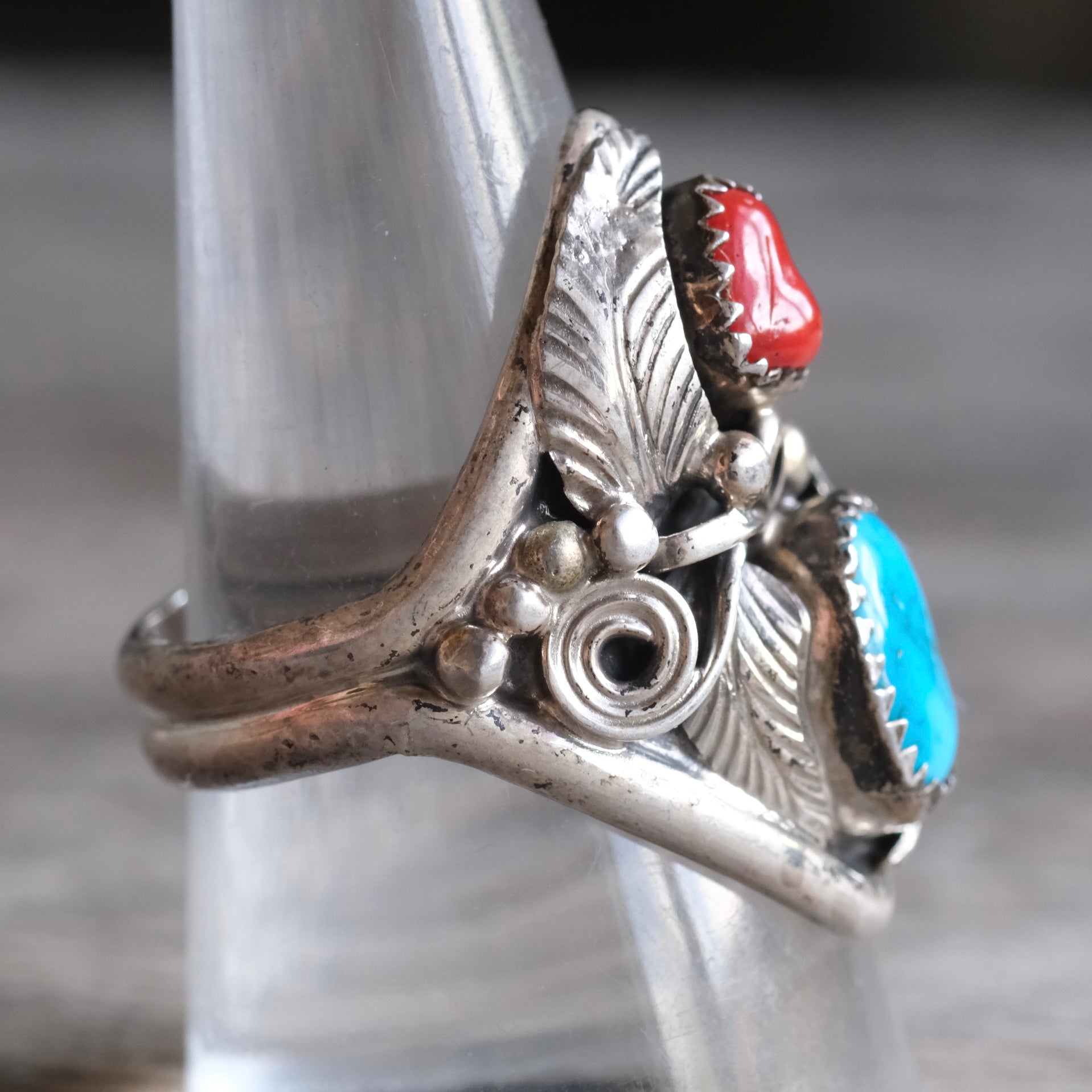 Vintage Sterling Turquoise and Coral Feather Ring 10.25