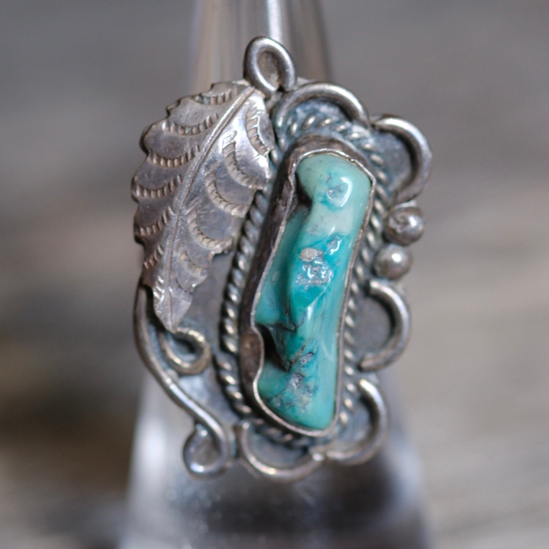 Vintage Sterling Turquoise Feather Ring 6
