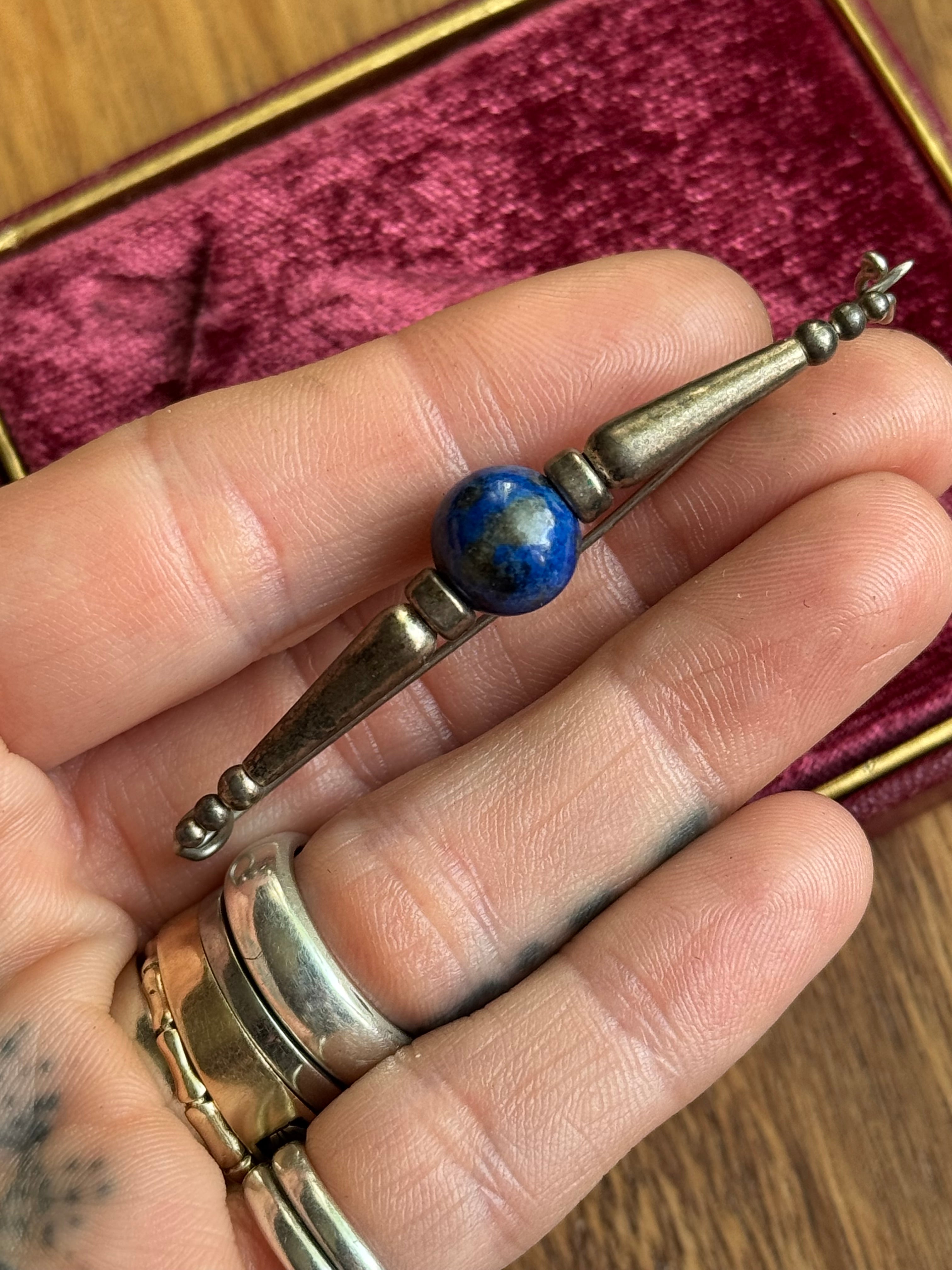 Vintage Sterling Silver Lapis Lazuli Safety Pin