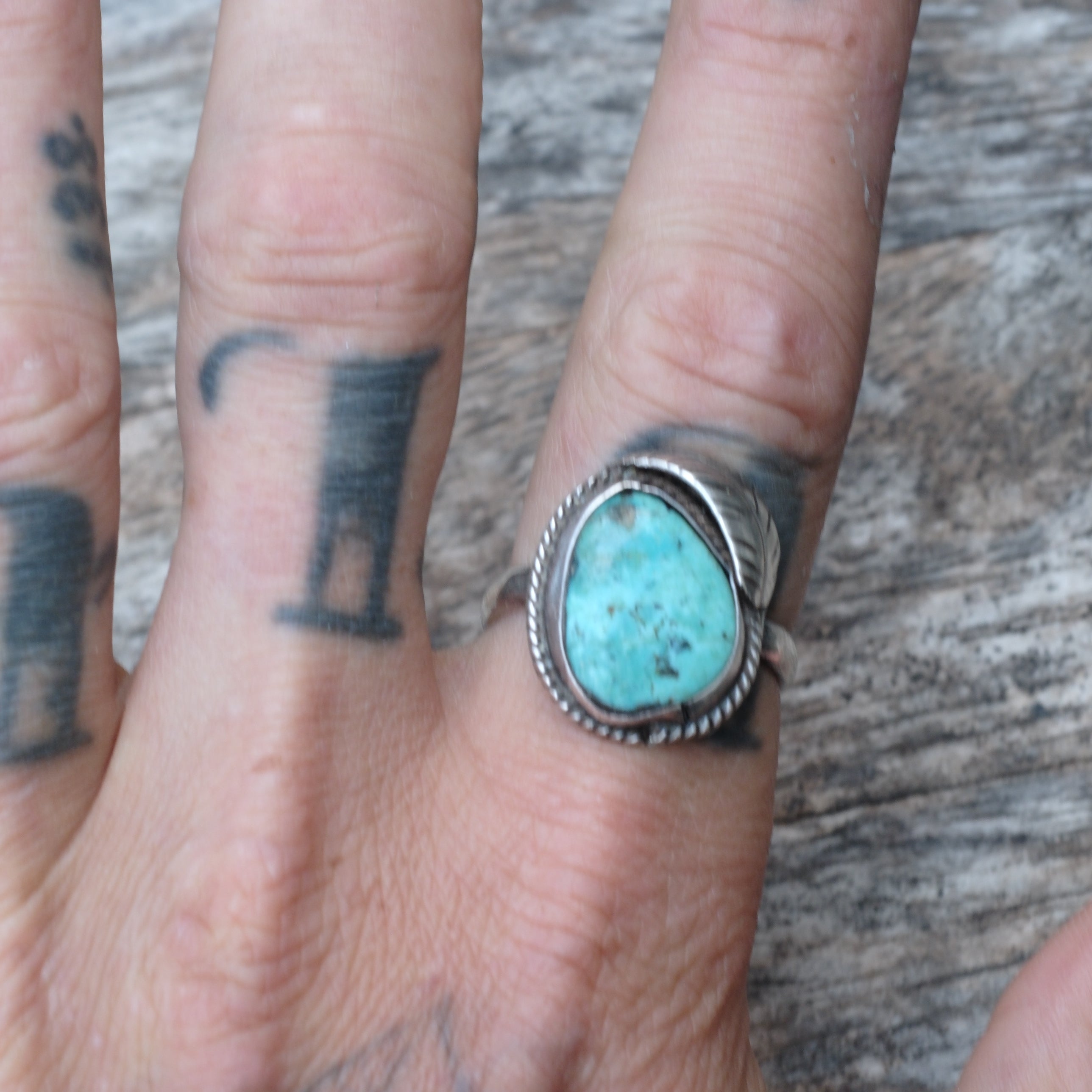 Vintage Sterling Turquoise Feather Ring 9.5