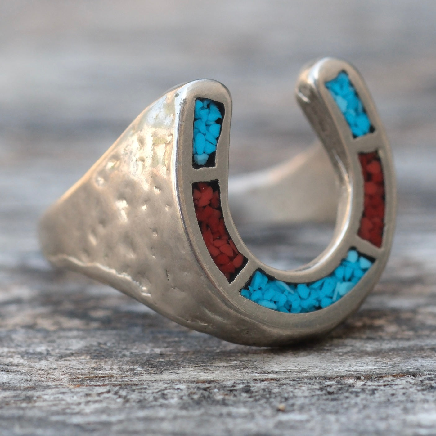 Vintage Sterling Silver Plated Turquoise and Coral Inlay Lucky Horseshoe Ring 8.5
