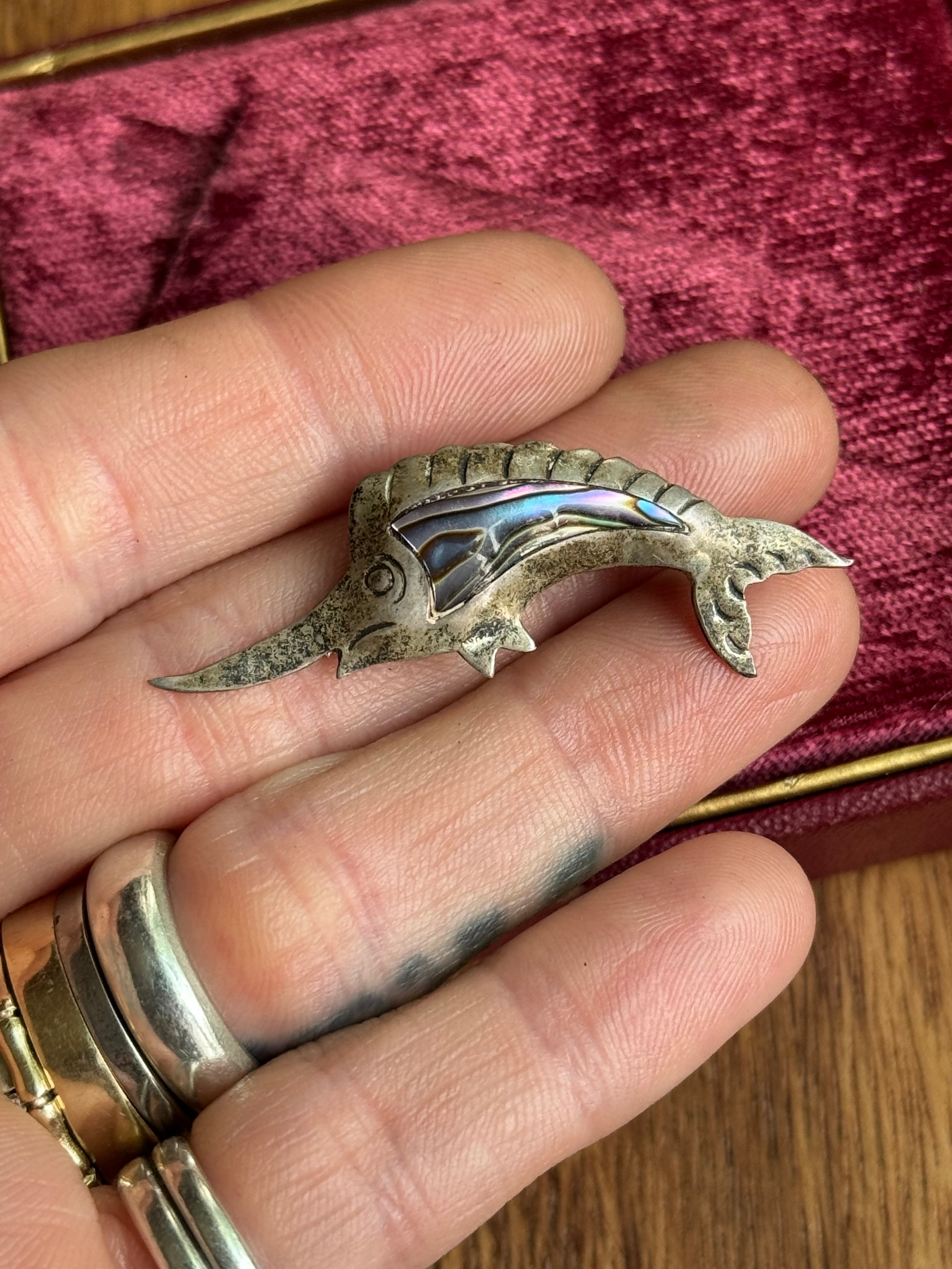 Vintage Sterling Silver Abalone Inlay Swordfish Pin