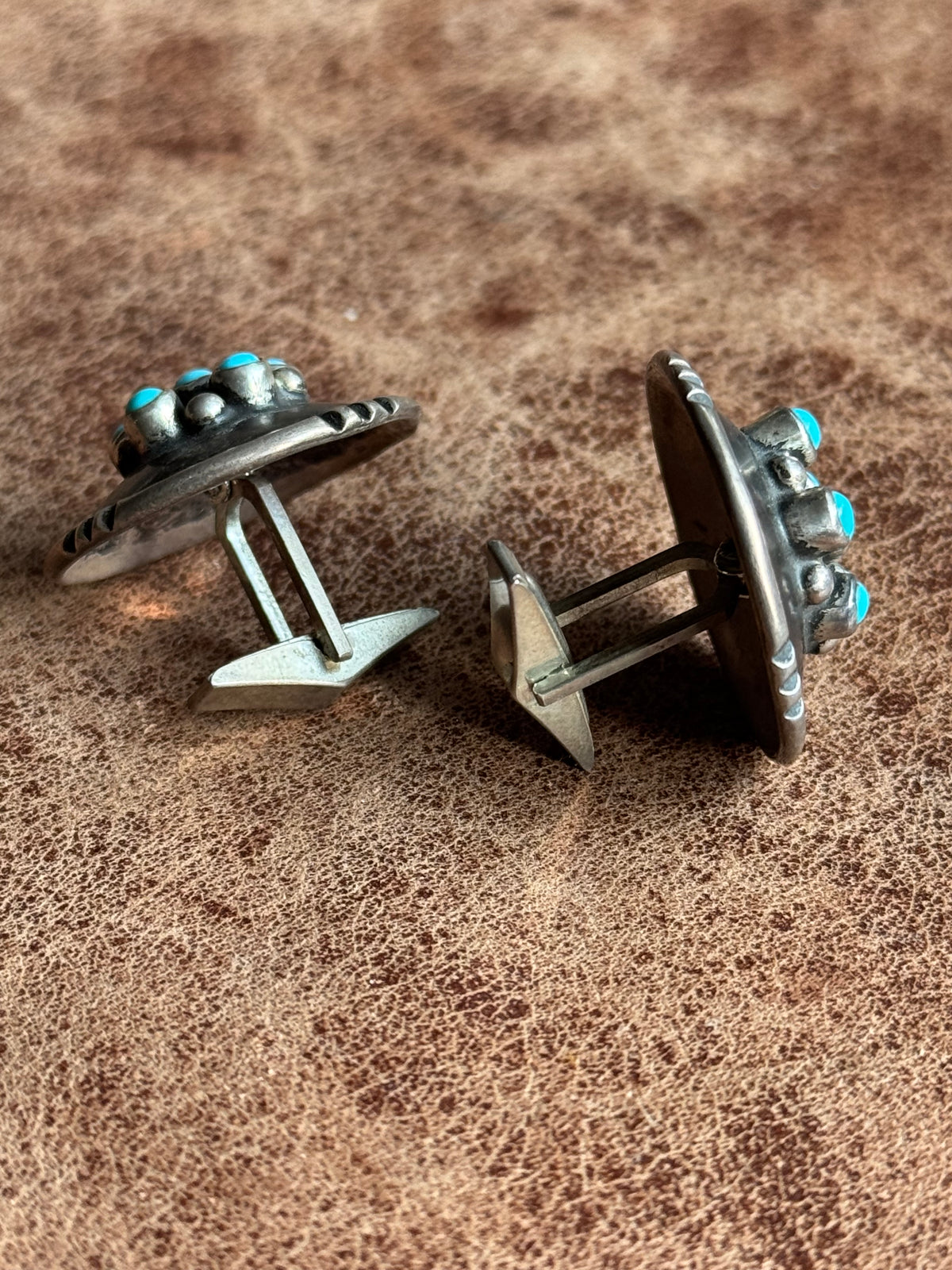 Vintage Sterling Silver Multistone Turquoise Concho Cufflinks