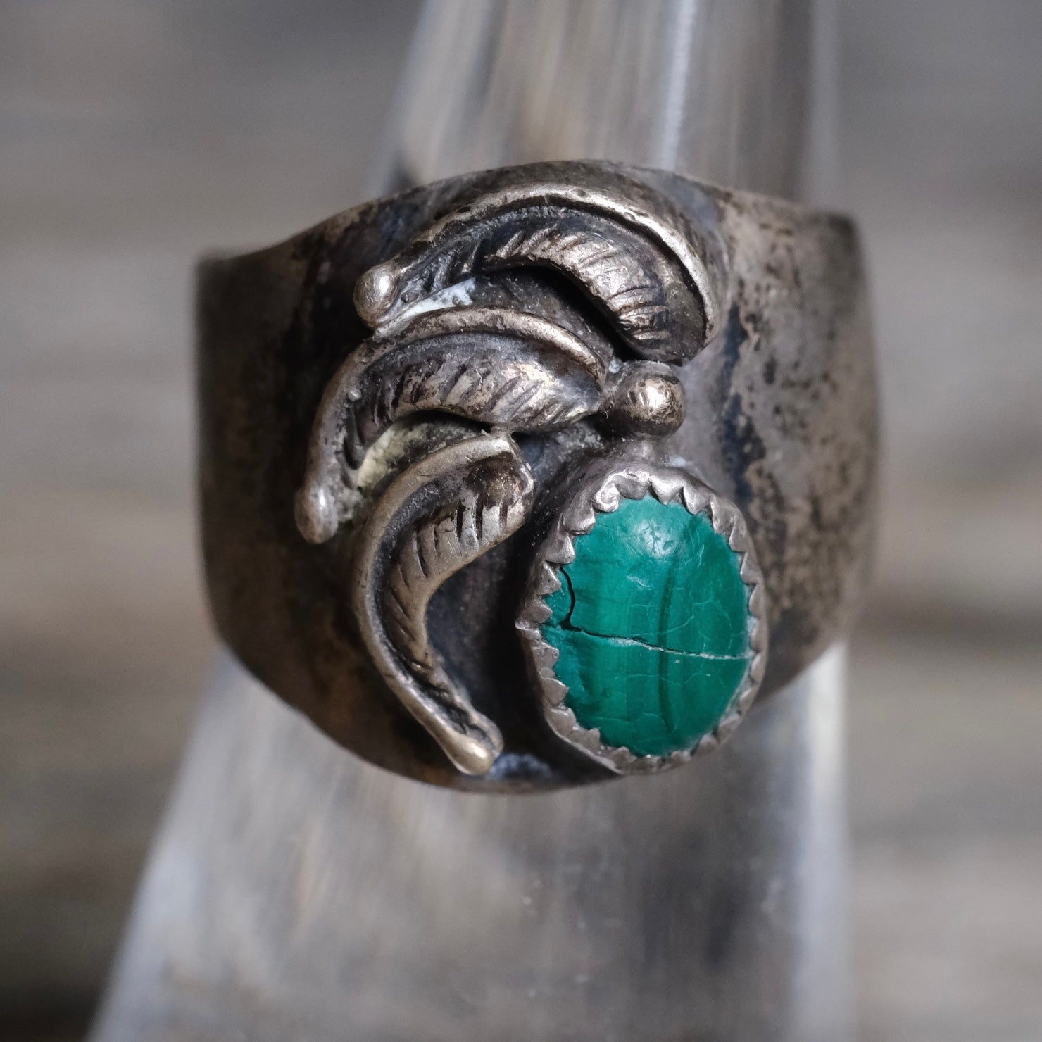 Vintage Sterling Malachite Feather Cigar Band Ring 6.5