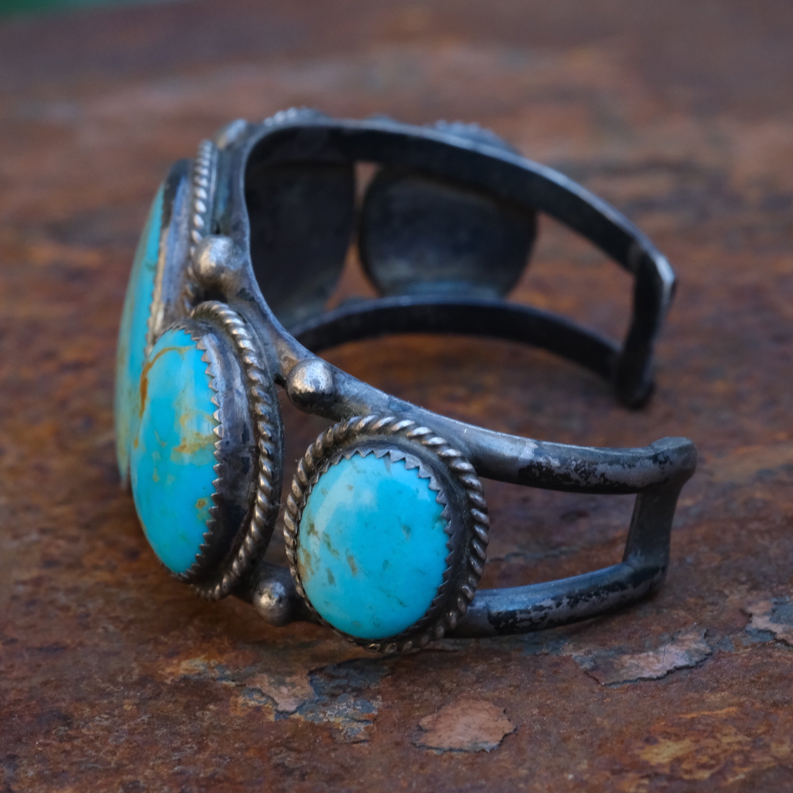 Heavy Vintage Sterling 5-Stone Turquoise Roper Cuff Bracelet