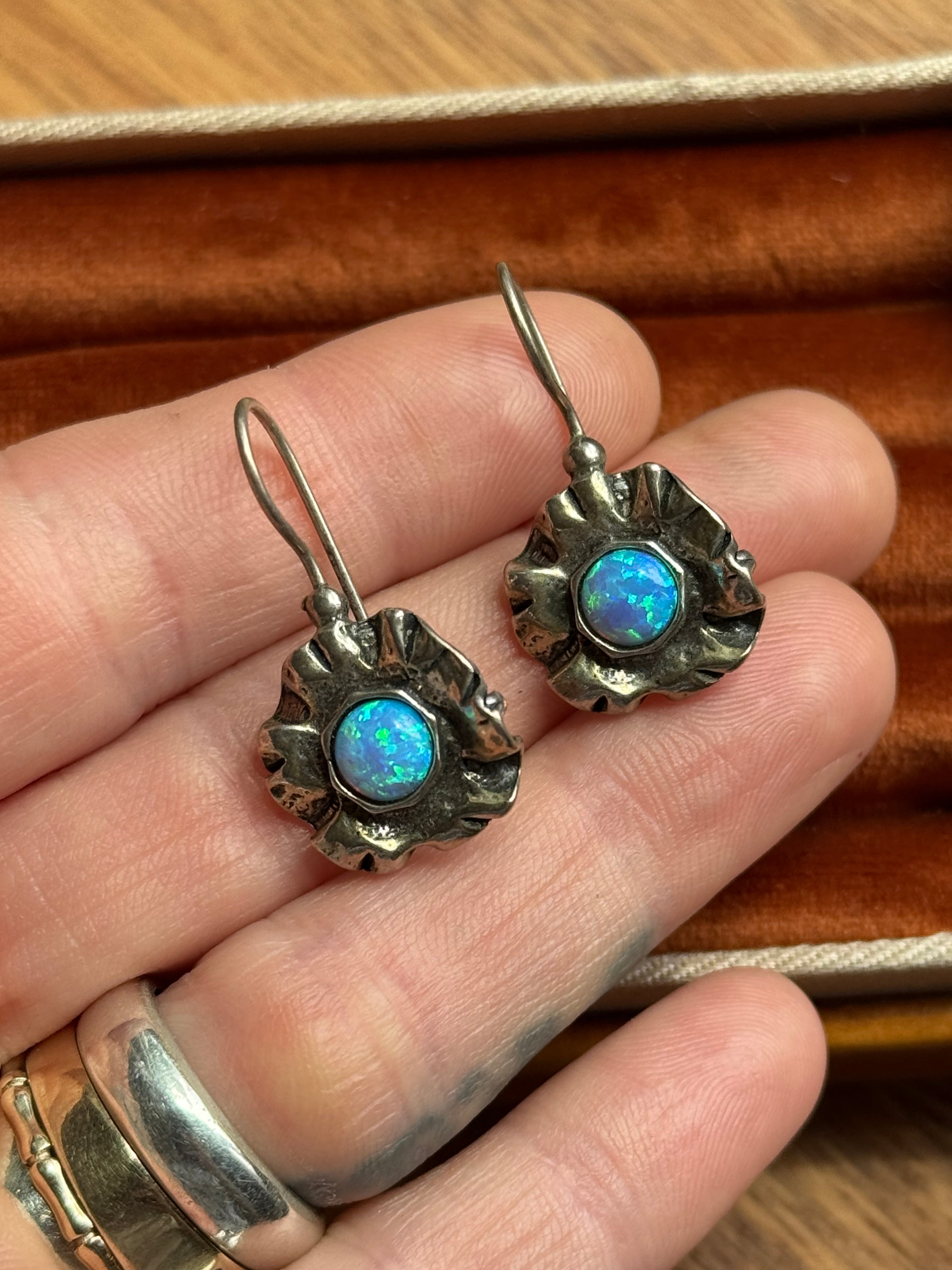 Vintage Sterling Silver Opal Flower Earrings