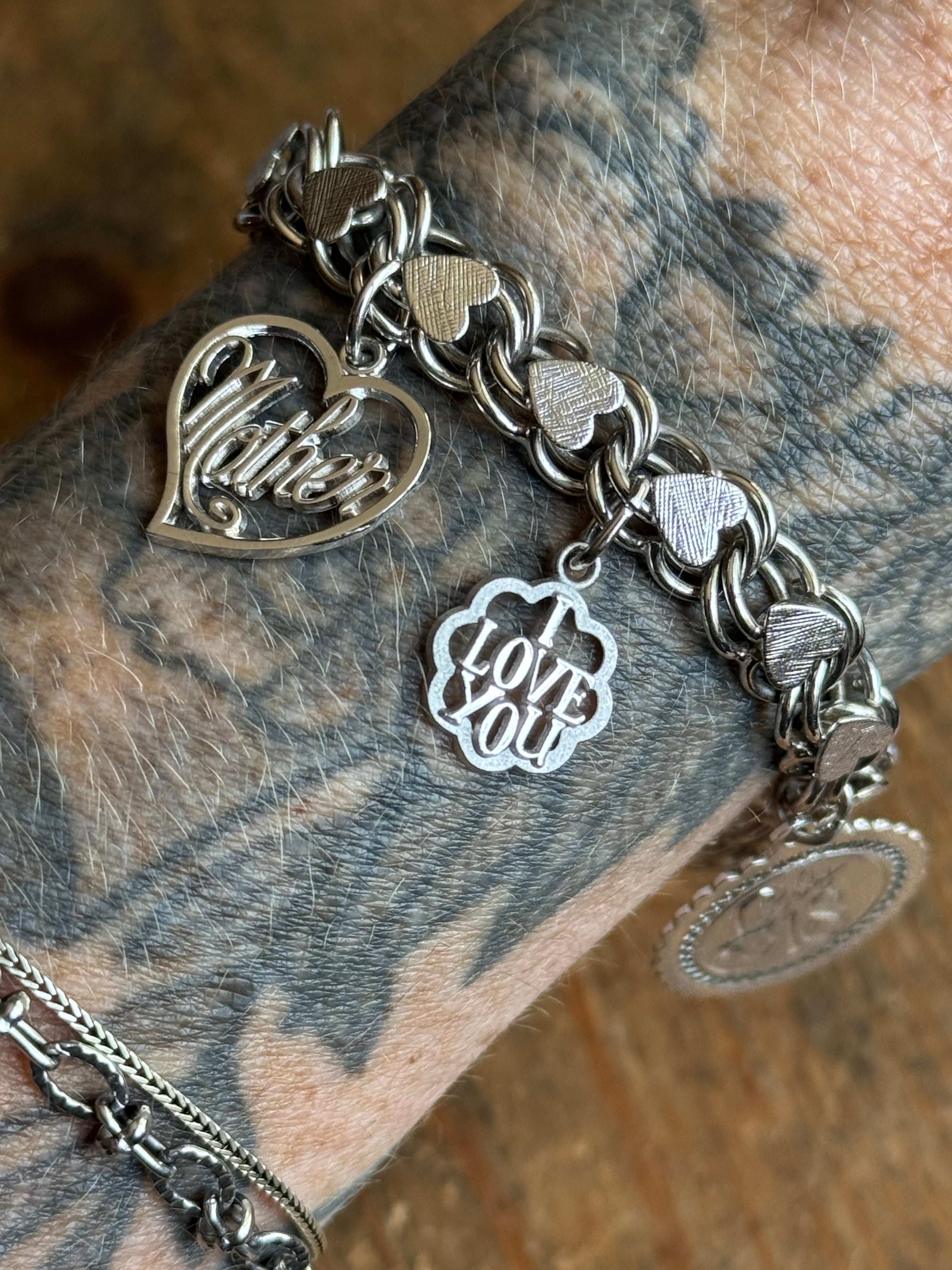 Vintage Sterling Silver 7.25” Double Heart Link Charm Bracelet