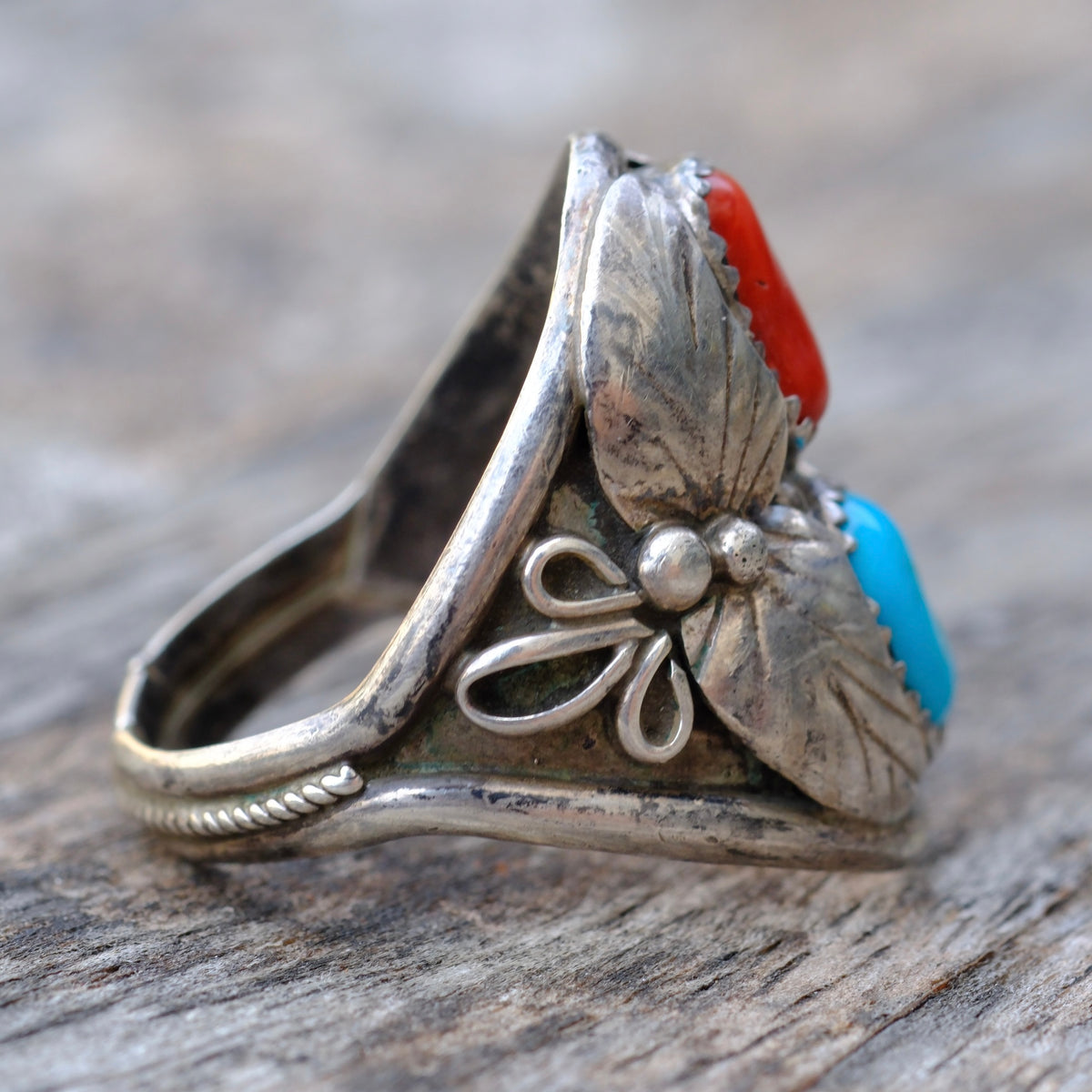 Vintage Sterling Turquoise and Coral Feather Ring 11