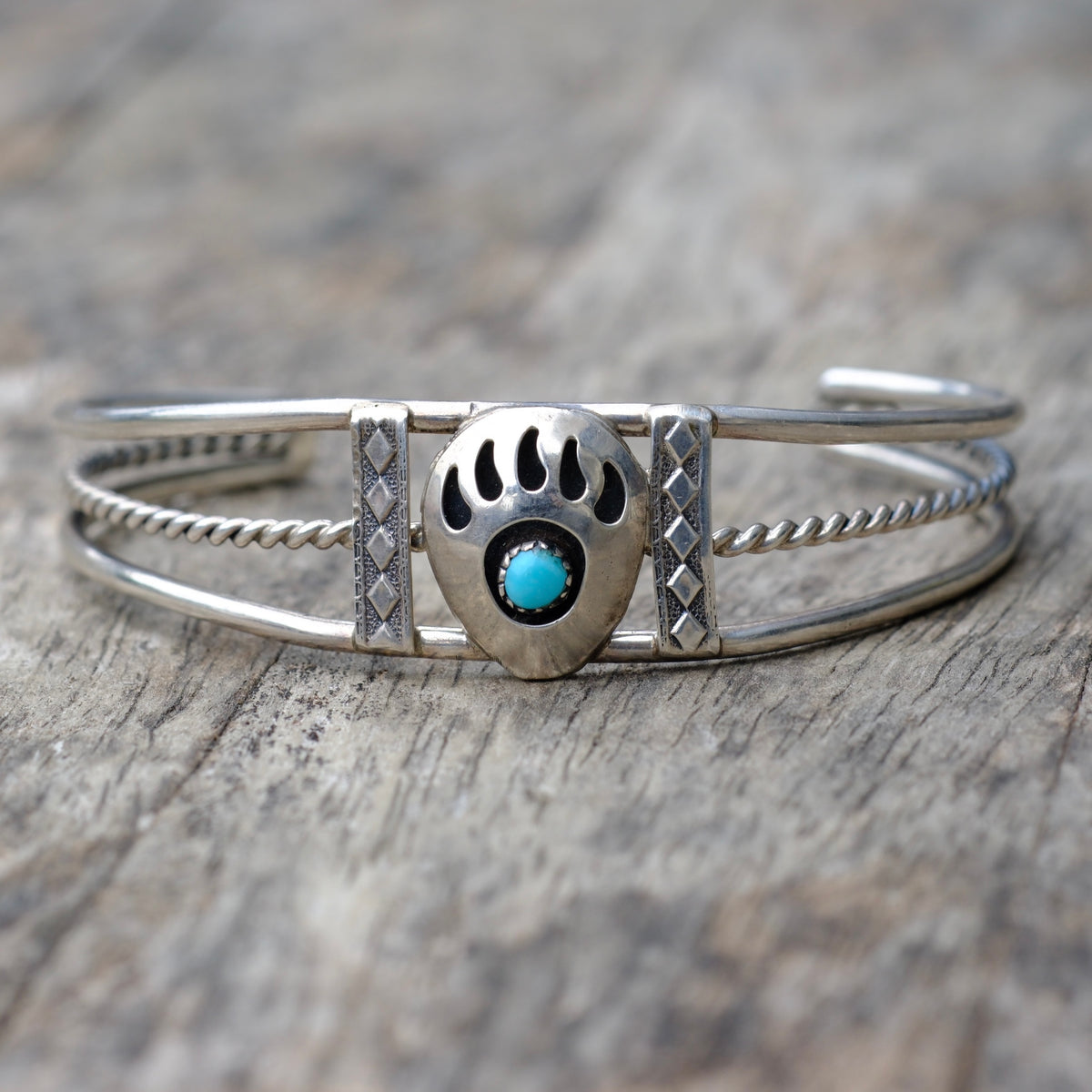 Vintage Sterling Turquoise Bear Paw Cuff Bracelet