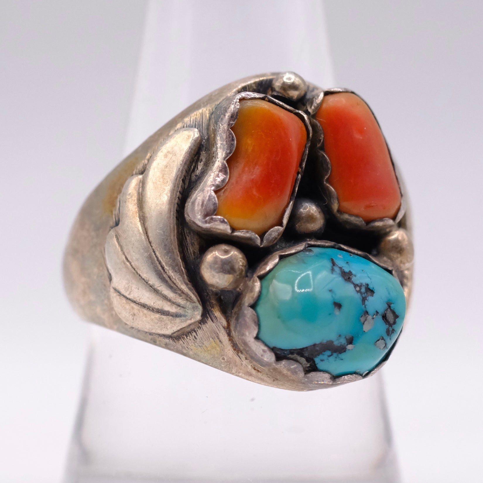 Vintage Sterling Turquoise and Coral Ring 9.75