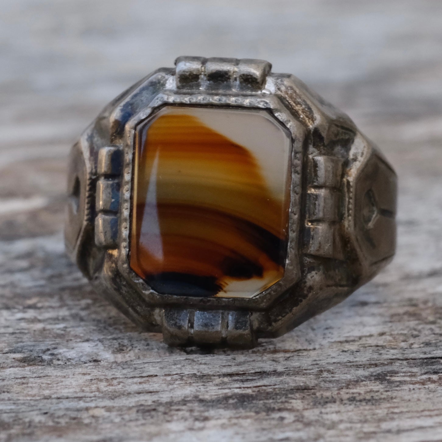 Vintage Sterling Agate Signet Ring 8.25