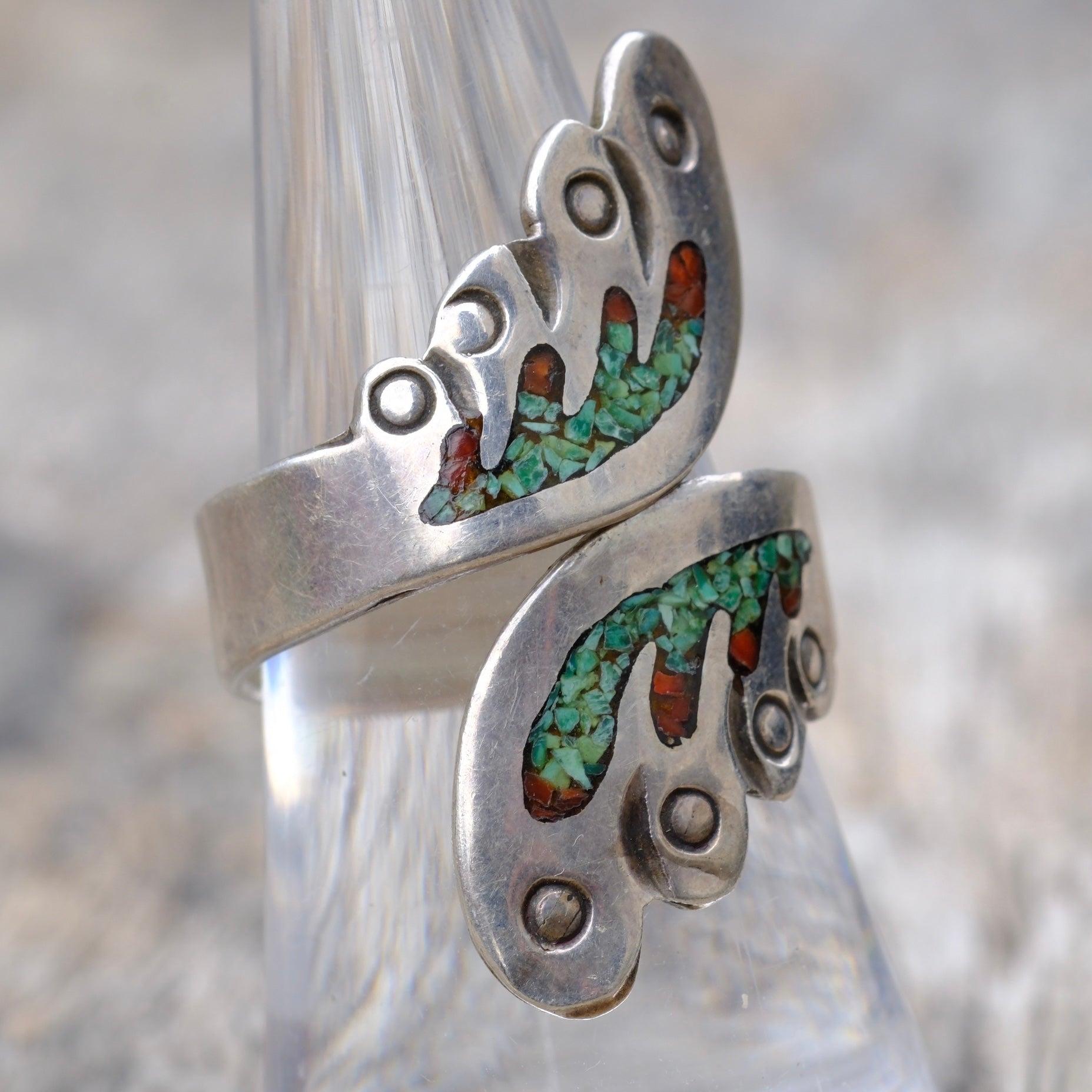 Vintage Sterling Turquoise and Coral Inlay Overpass Ring 7.5