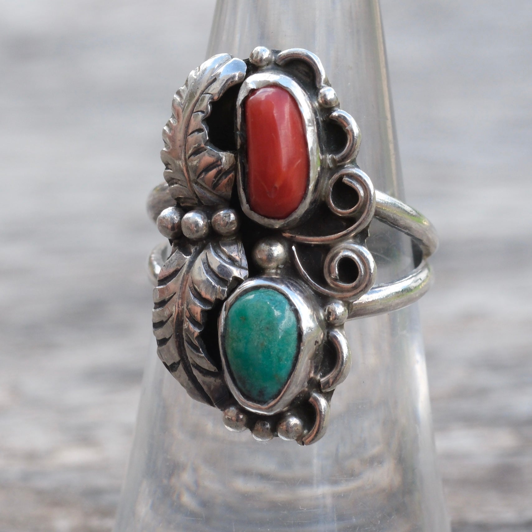 Vintage Sterling Turquoise and Coral Feather Ring 6.5