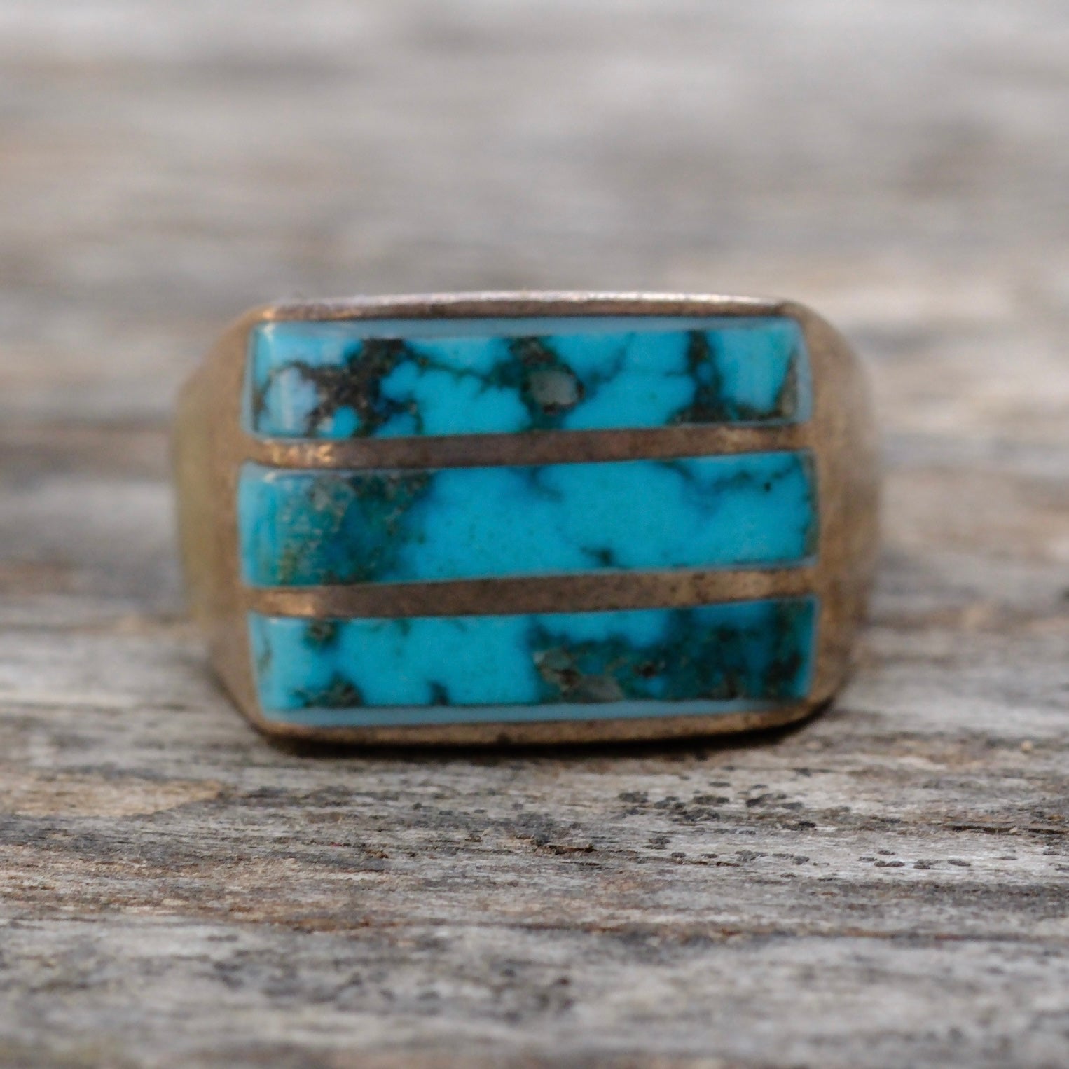 Vintage Sterling Turquoise Inlay Striper Ring 8.75