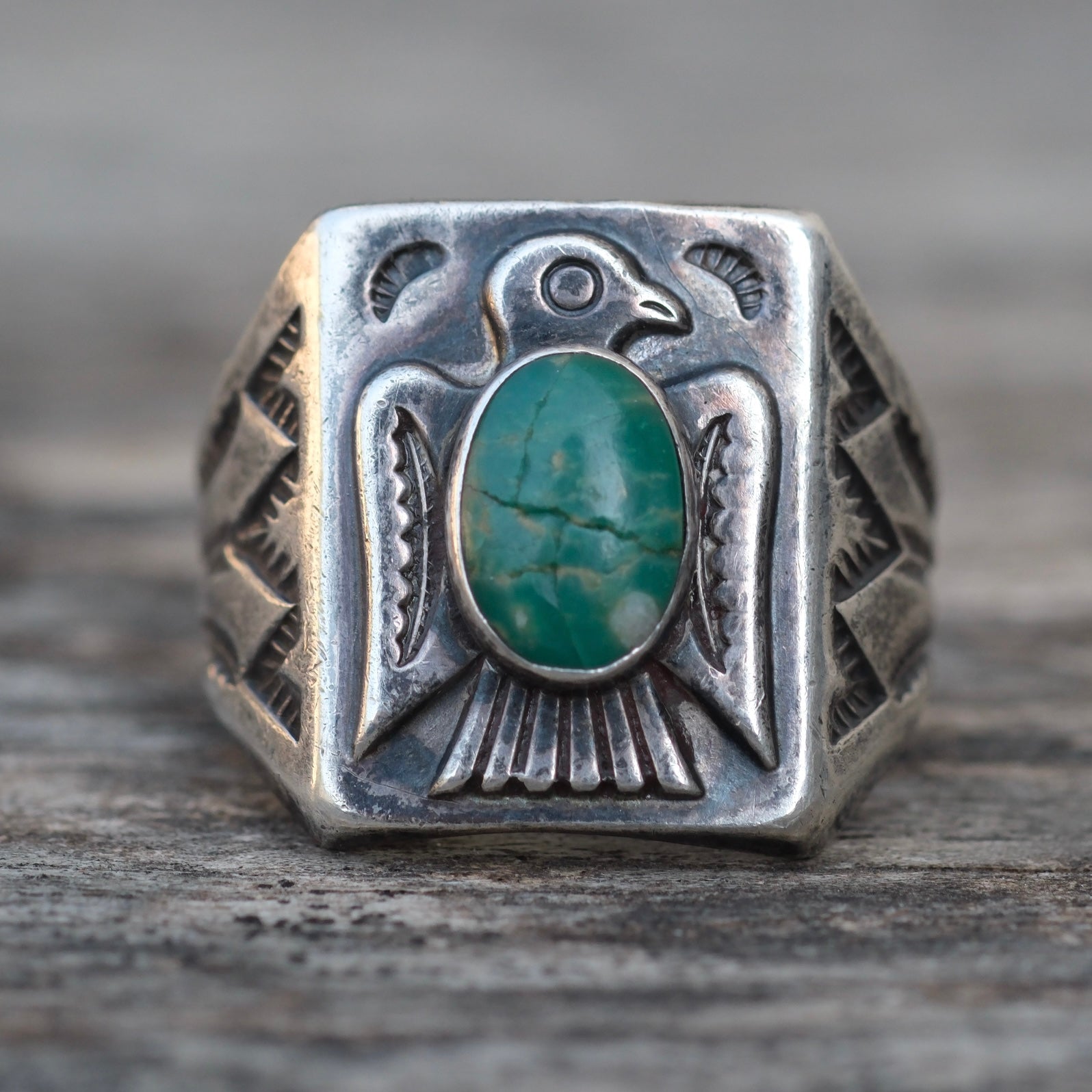 Vintage Sterling Bells Trading Post Turquoise Thunderbird Ring 10