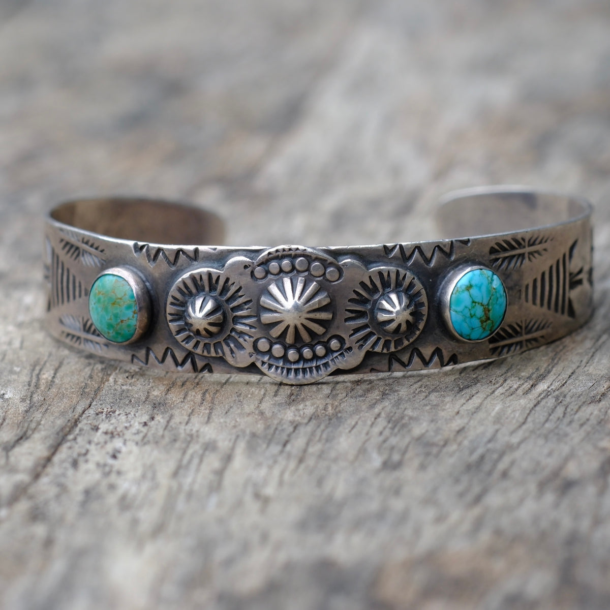 Vintage Sterling Turquoise Stamped Cuff Bracelet