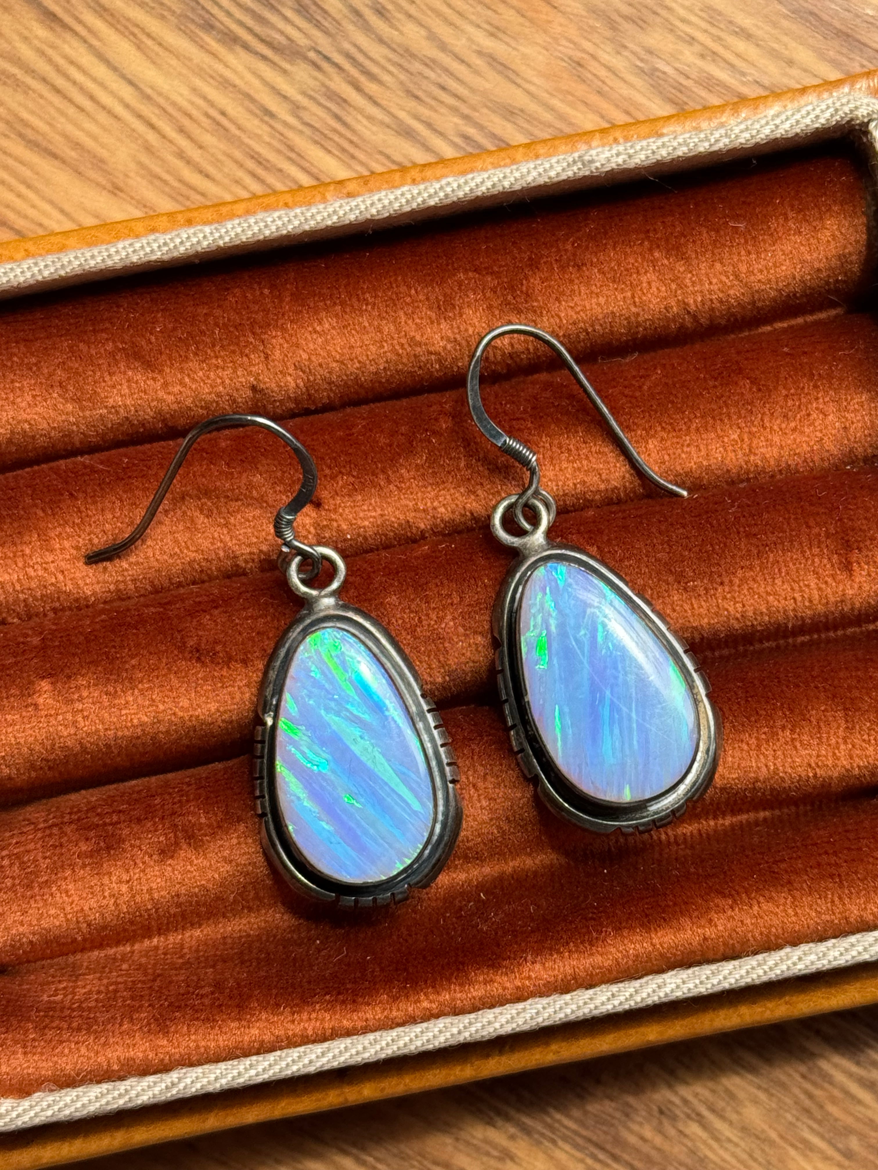 Vintage Sterling Silver Sawcut Opal Earrings