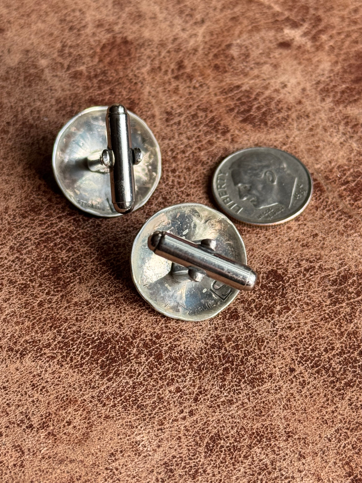 Vintage Sterling Silver Stamped Turquoise Concho Cufflinks.