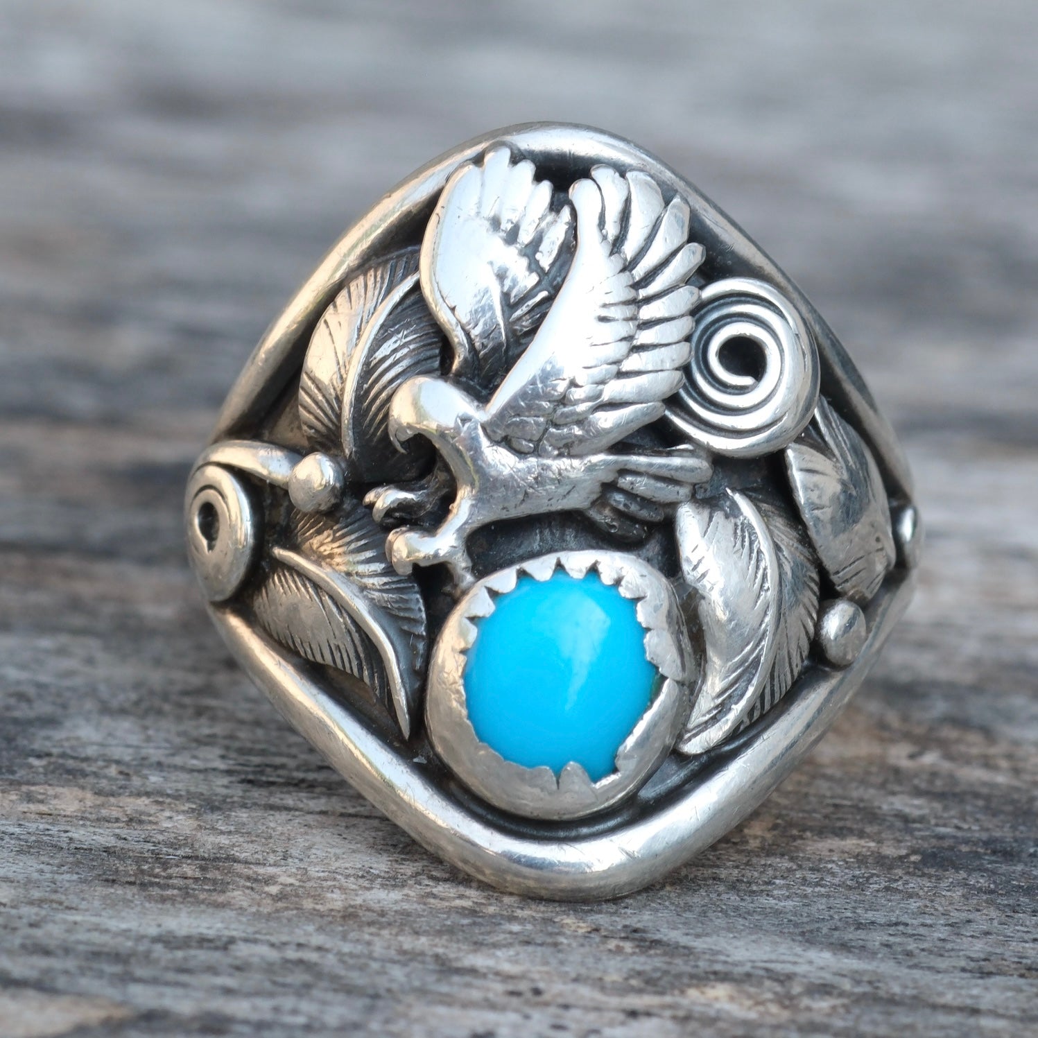 Vintage Sterling Turquoise Eagle Ring 9.5