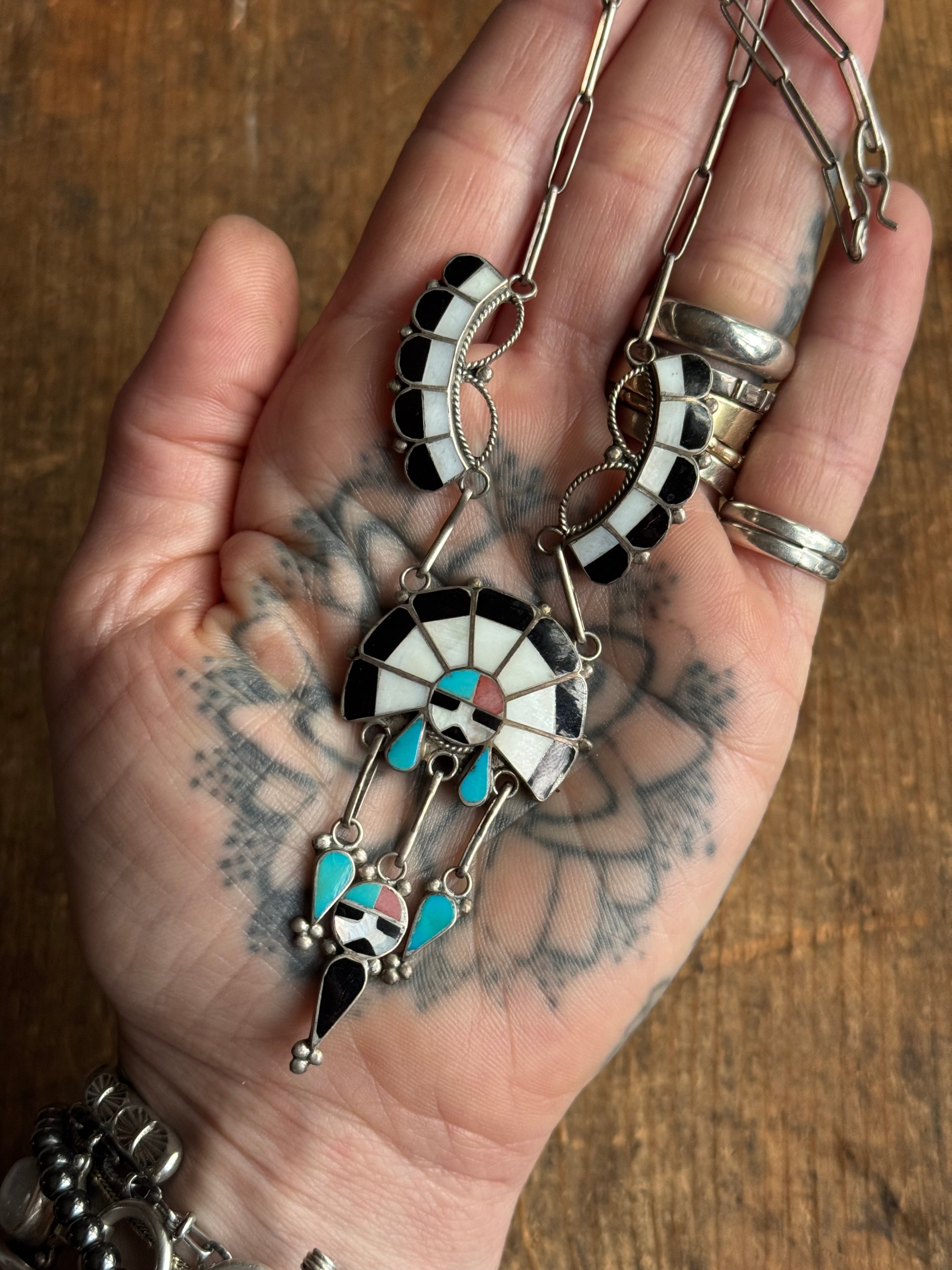 Vintage Sterling Silver Navajo Turquoise Sawcut Feather Necklace