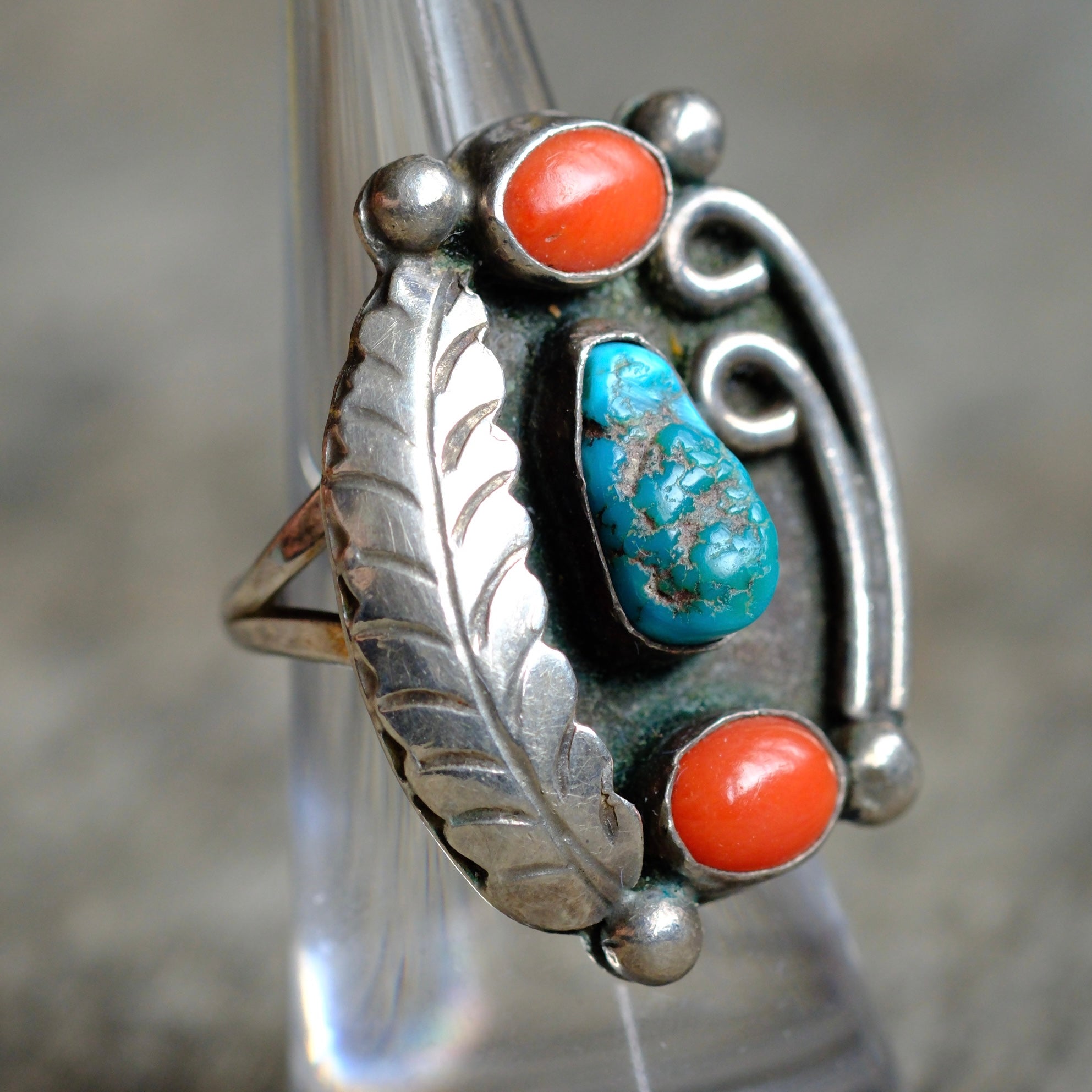 Vintage Sterling Turquoise and Coral Feather Ring 6