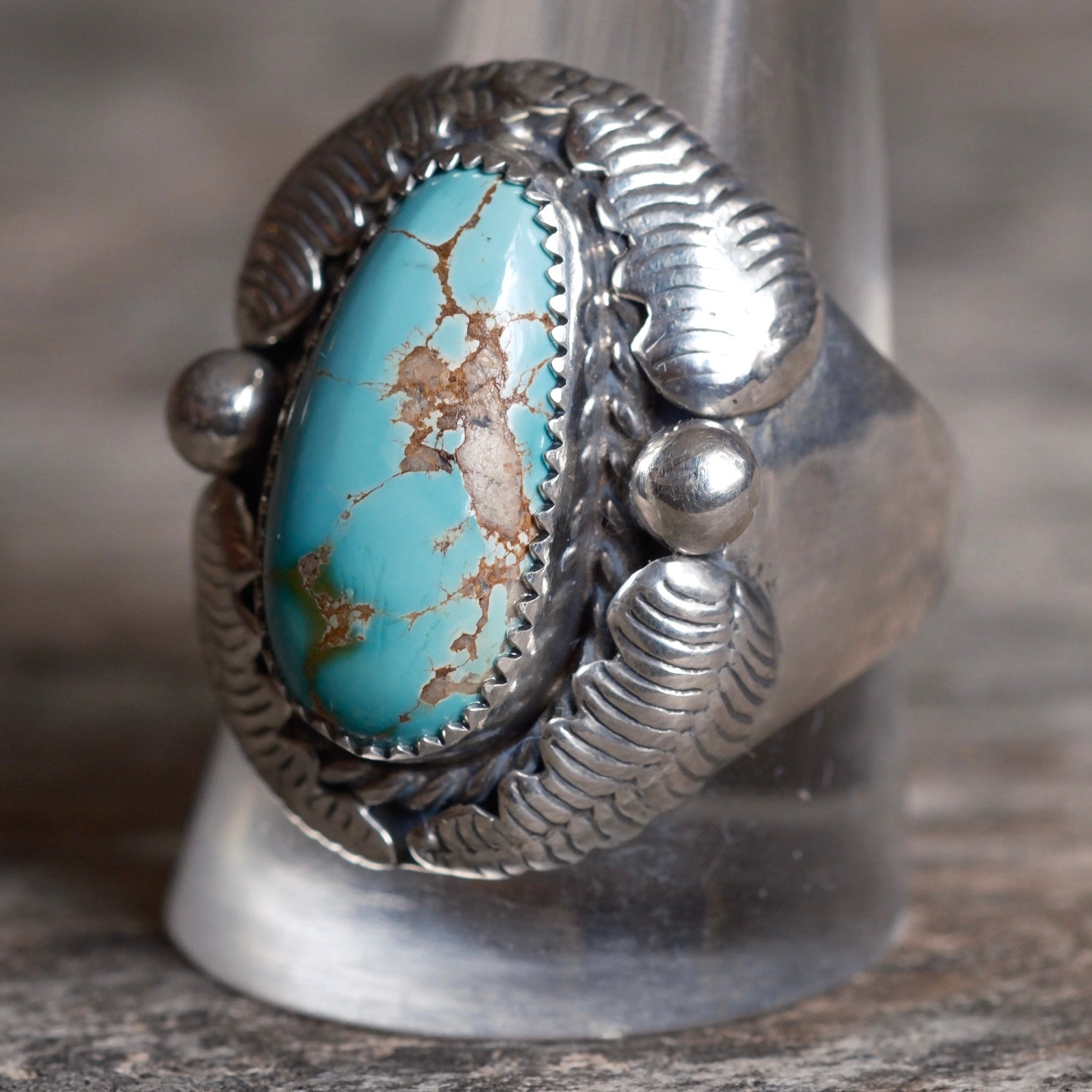 Vintage Sterling Turquoise Feather Ring 11.75