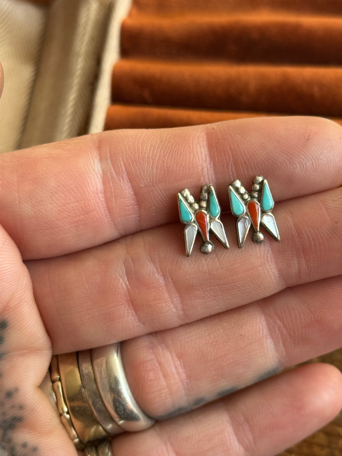 Vintage Sterling Silver Multistone Inlay Butterfly Earrings
