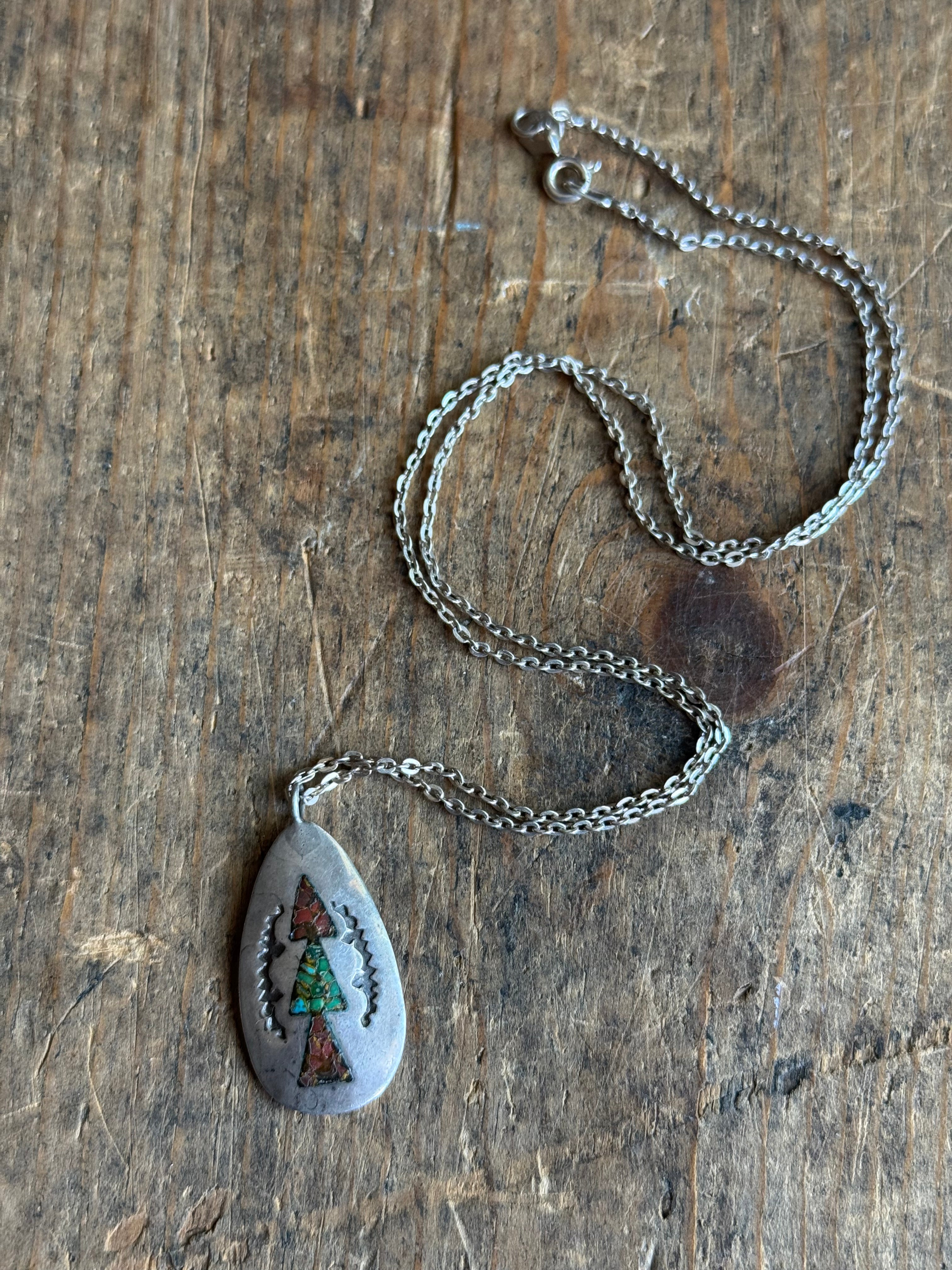 Vintage Sterling Silver Crushed Coral & Turquoise Inlay Teardrop Necklace