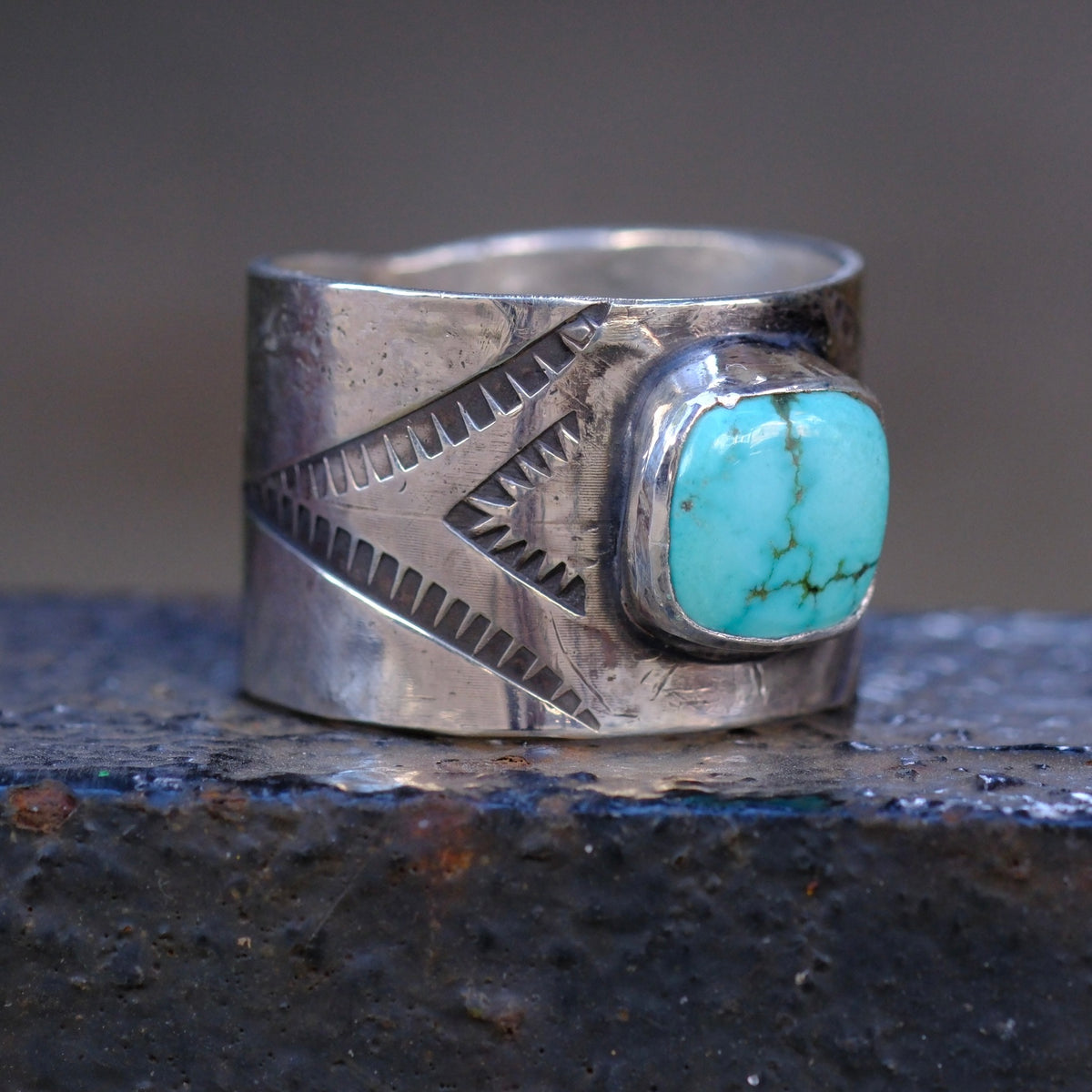 Sterling Silver Natural Lone Mountain Turquoise Stamped Cigar Band Ring 10.5