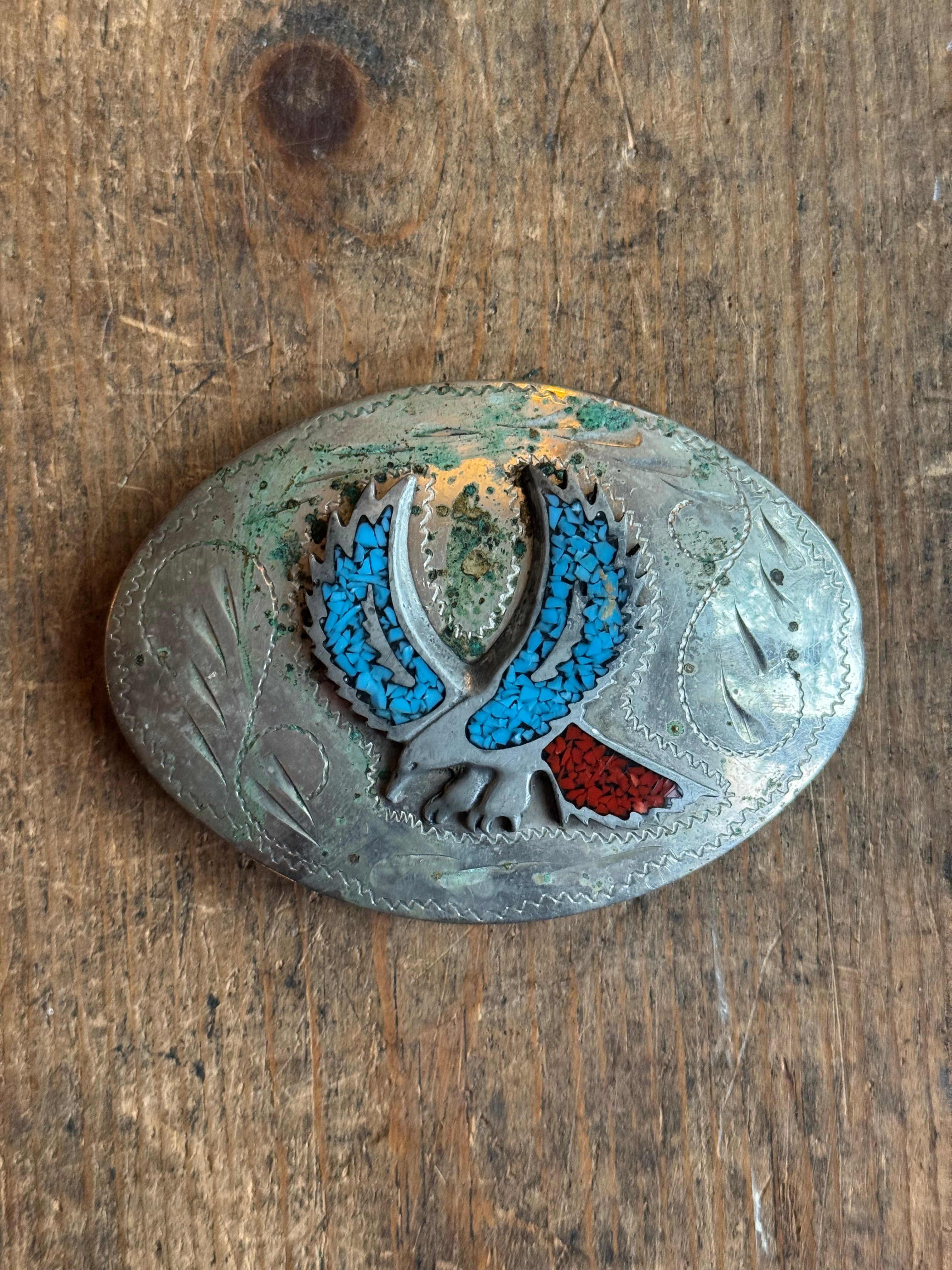 Vintage Turquoise & Coral Chip Inlay Eagle Belt Buckle