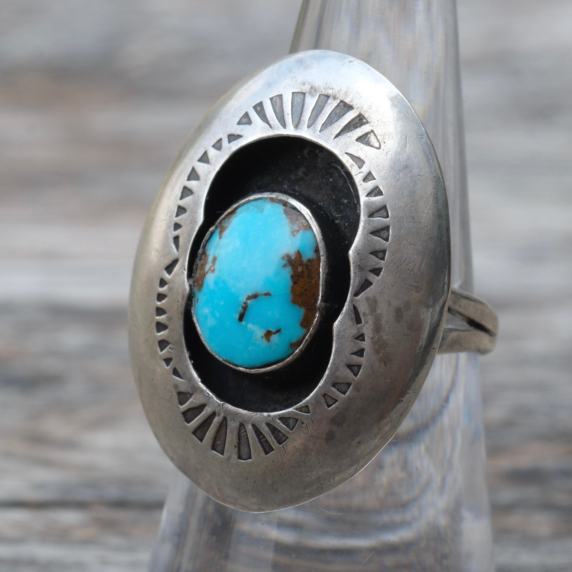 Vintage Sterling Turquoise Shadowbox Ring 6.75