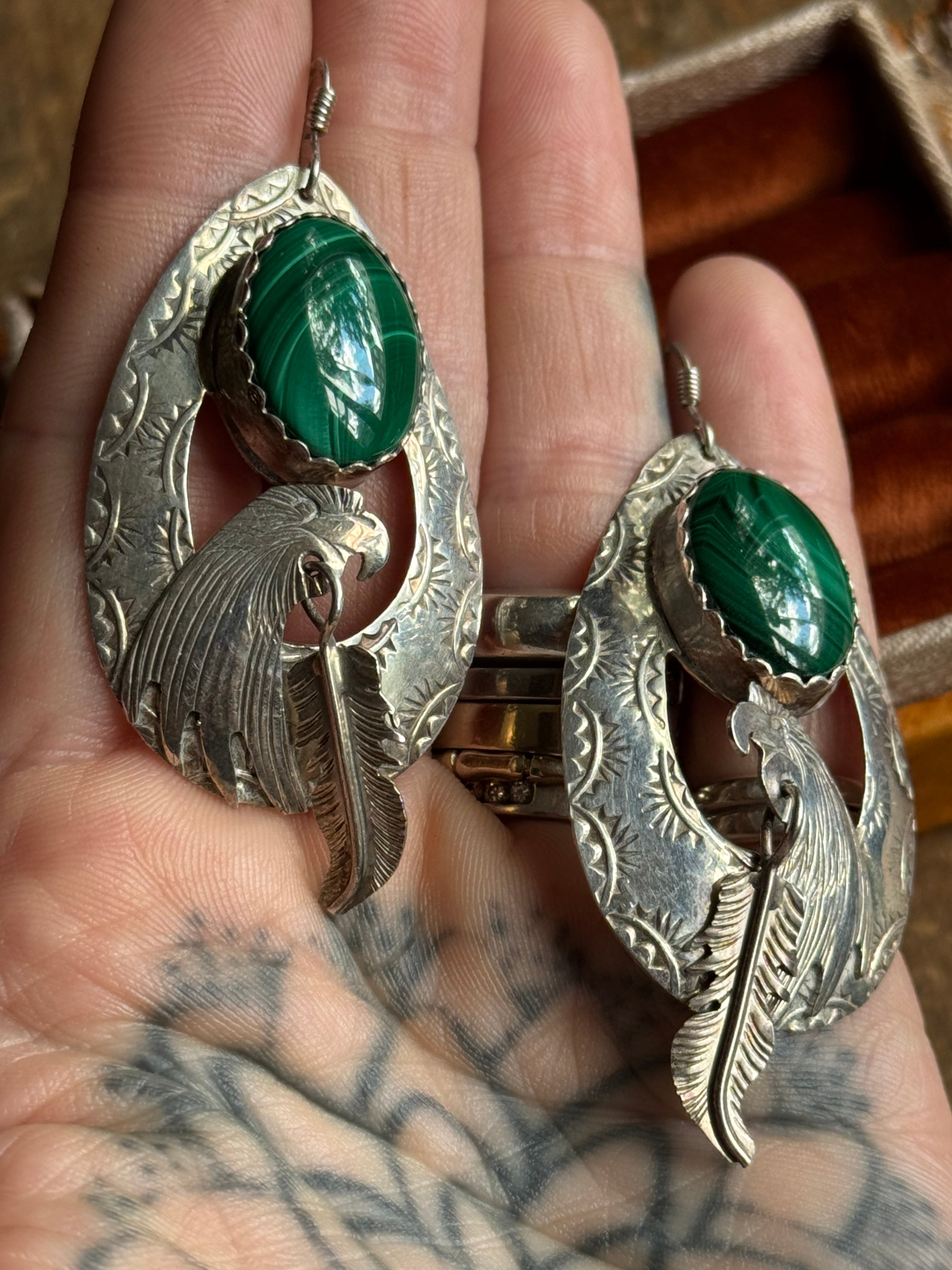 Vintage Sterling Silver Malachite Eagle Feather Earrings