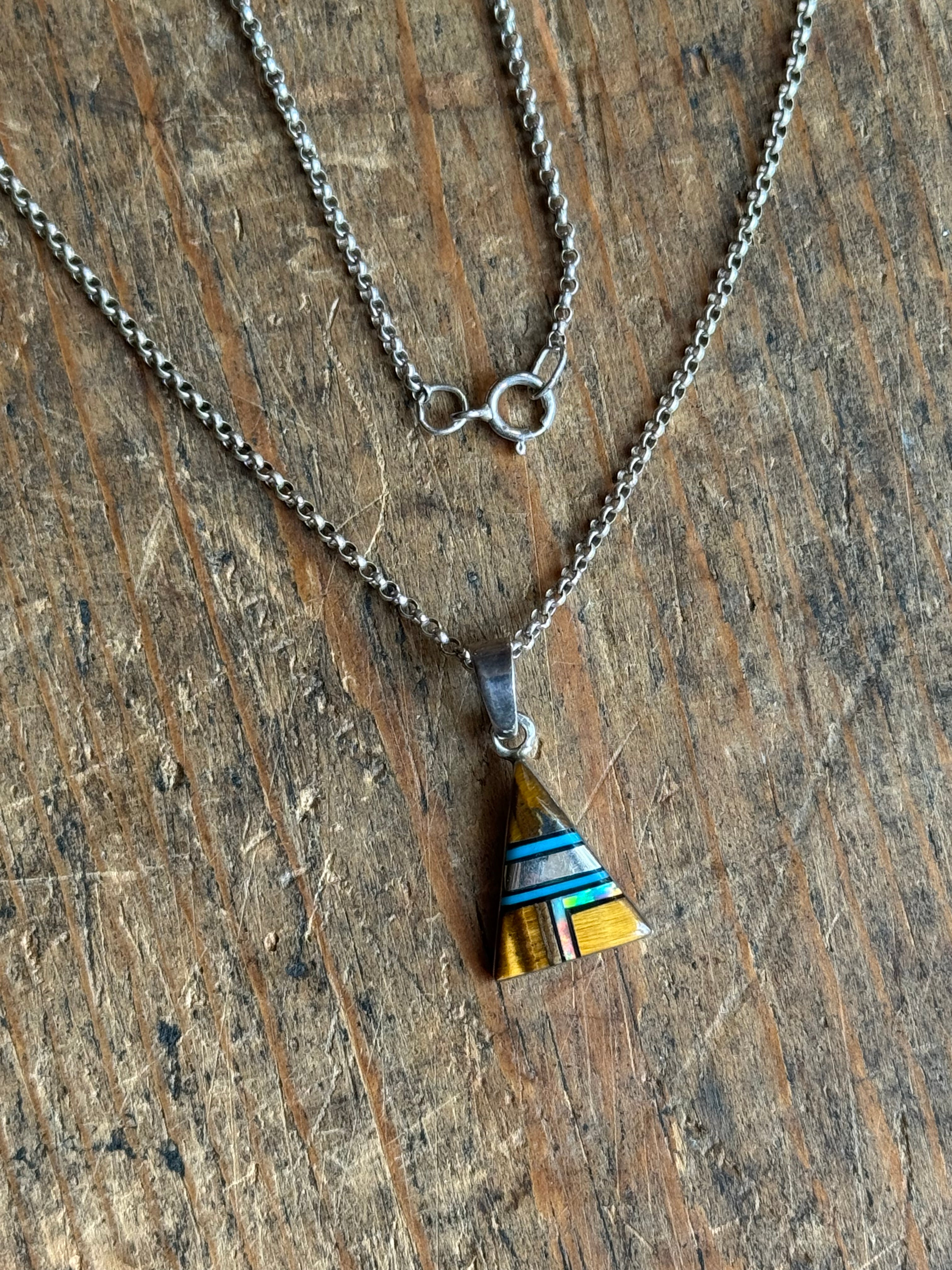 Vintage Sterling Silver Multistone Inlay Triangle 18" Necklace