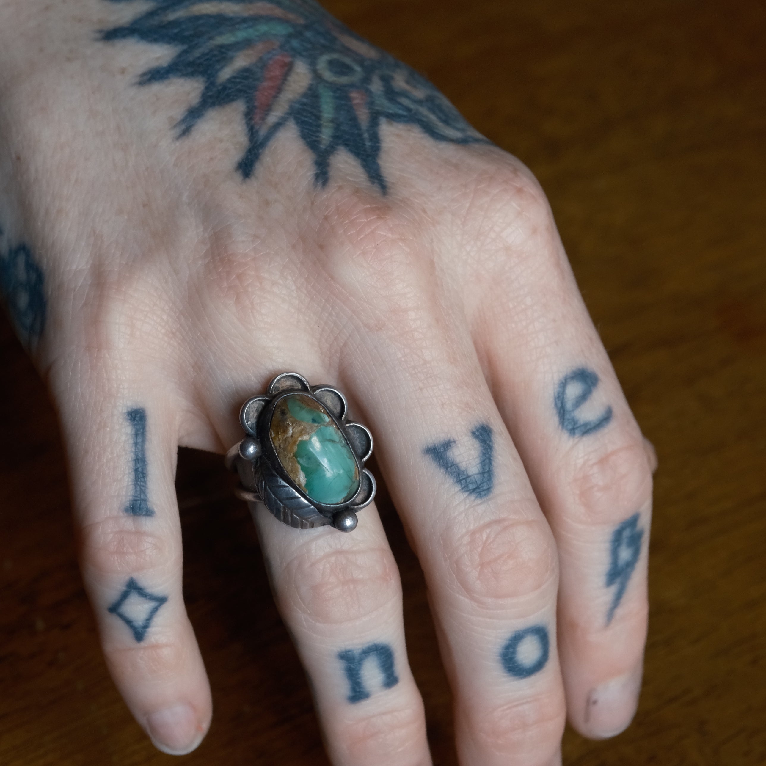 Vintage Sterling Turquoise Florette Ring 5.25