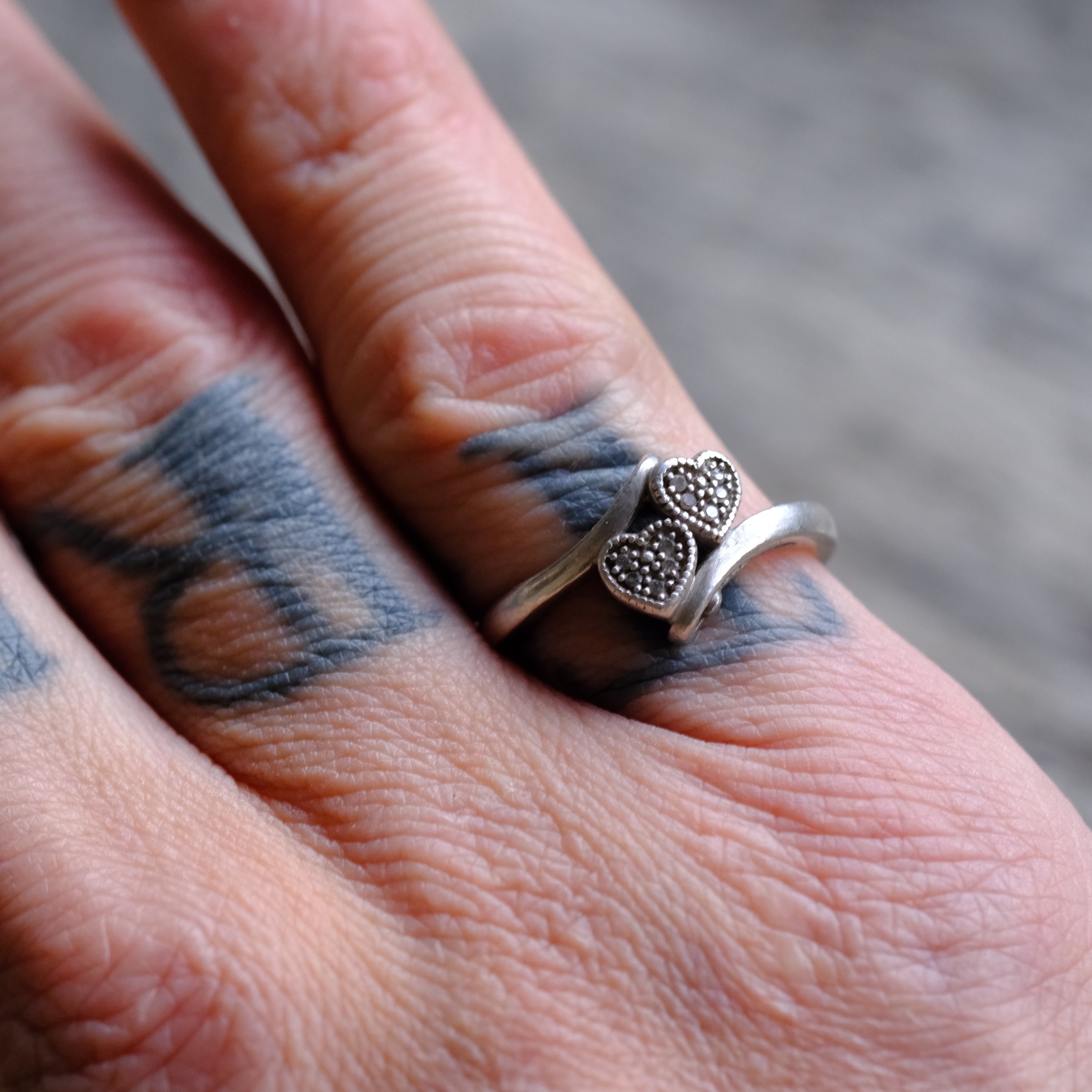 Vintage Sterling Double Heart Marcasite Ring 6