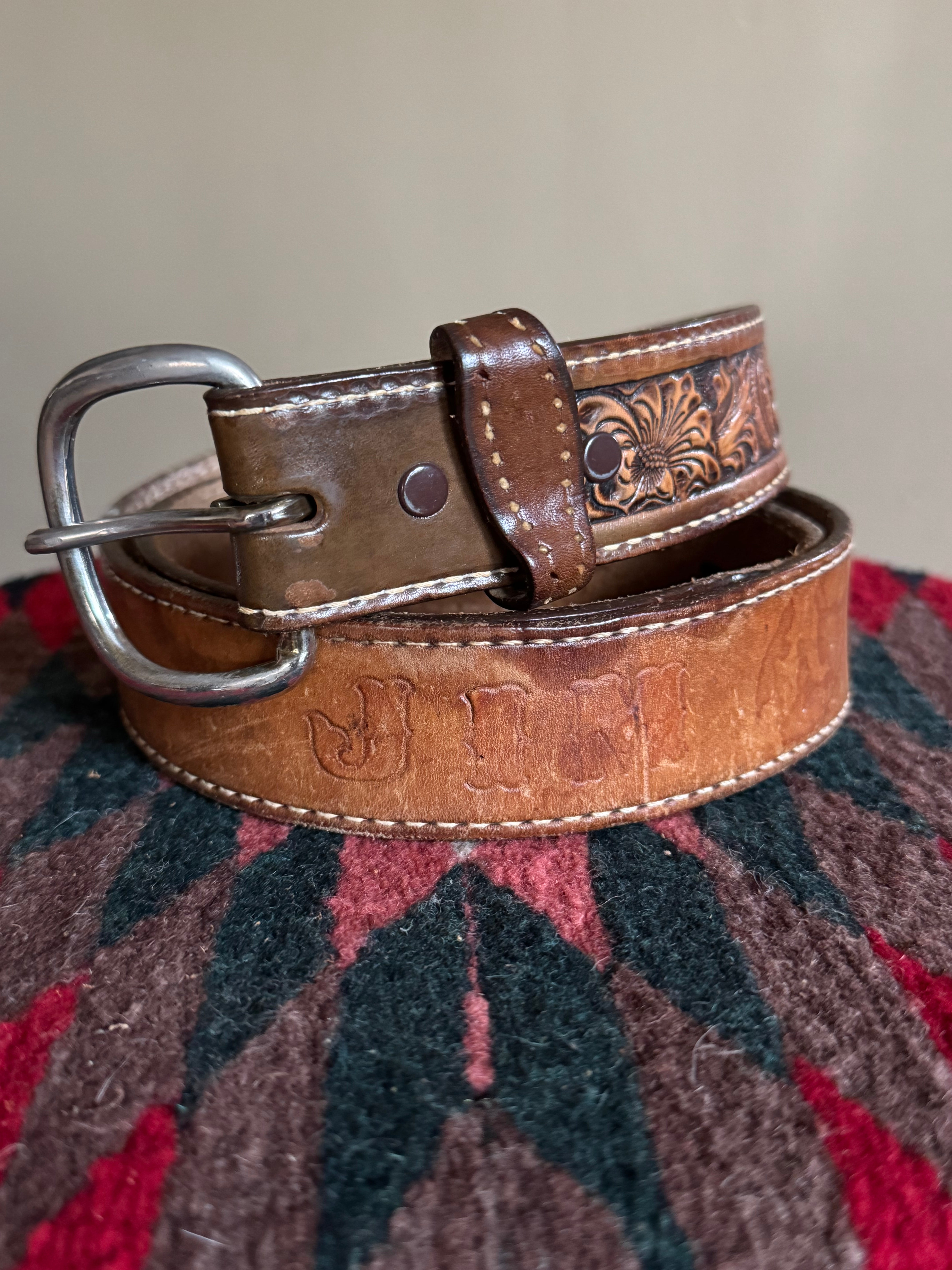 Vintage Hand Floral Tooled Brown Leather ‘JIM’ Belt