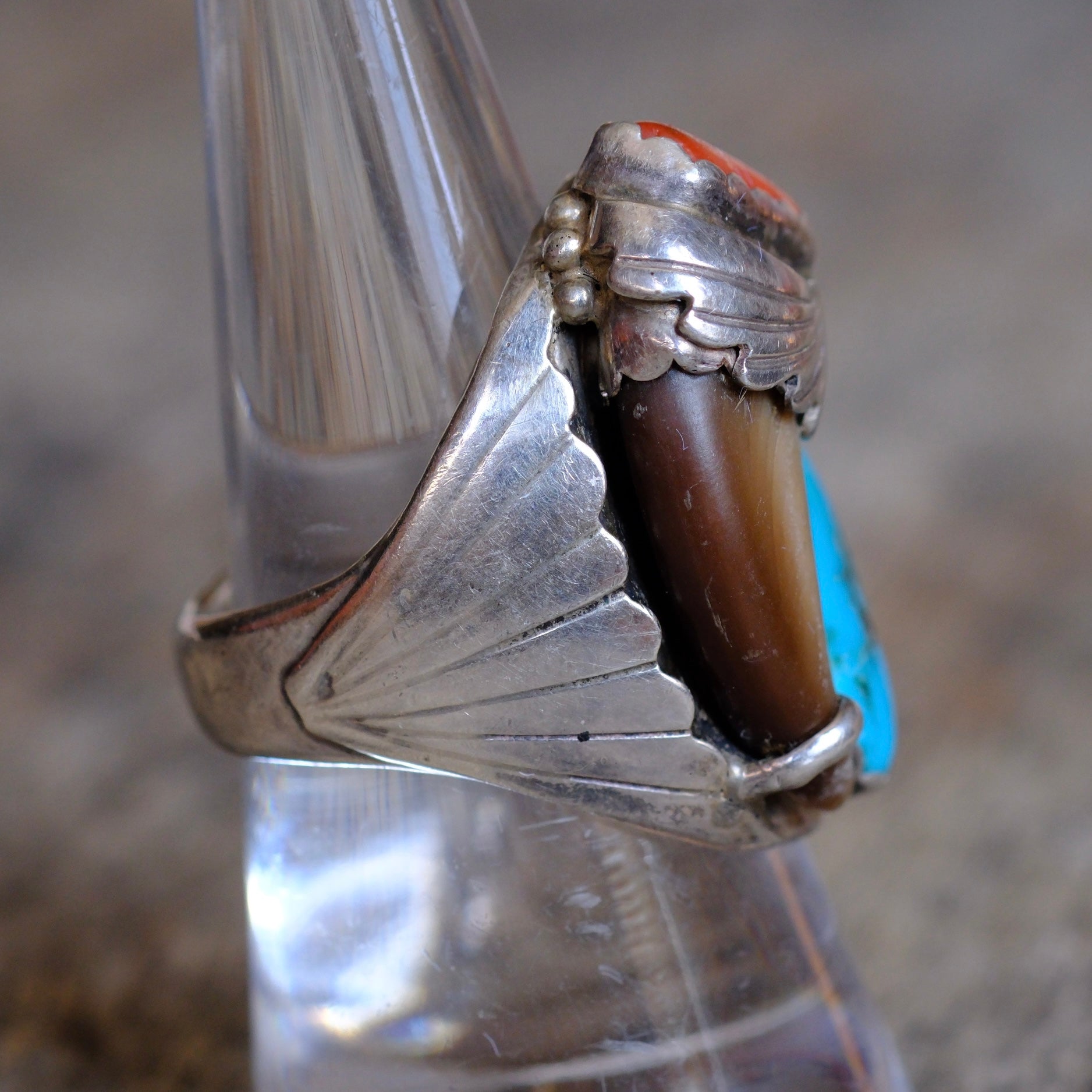 Vintage Sterling Turquoise and Coral Claw Ring 8.25