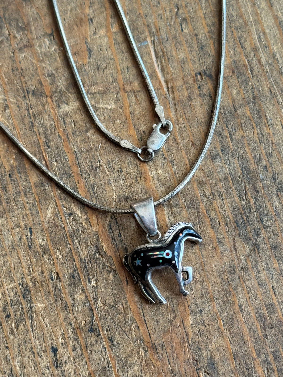 Vintage Sterling Silver Multistone Inlay Horse Necklace