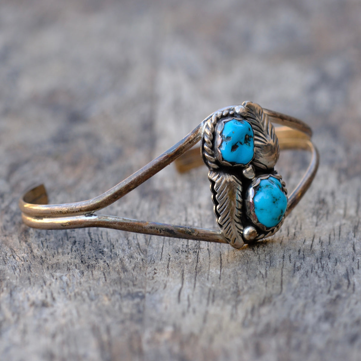 Vintage Sterling 2-Stone Turquoise Feather Cuff Bracelet